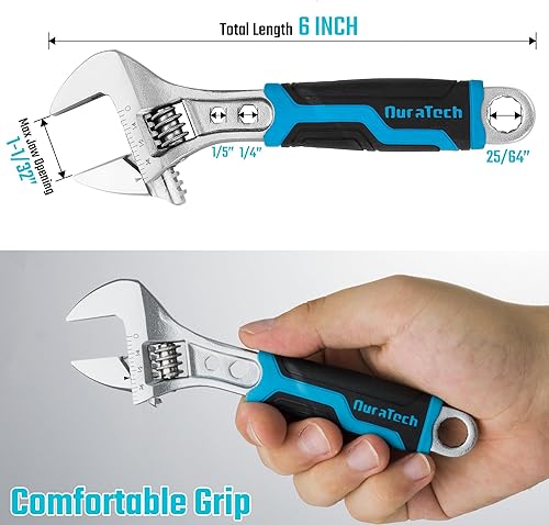 Miniatura 5 de DURATECH Llave ajustable de 6 pulgadas, llave 3 en 1 con función de extremo de cajahexagonal, acero CR-V, escala métrica y SAE, cromada, agarre