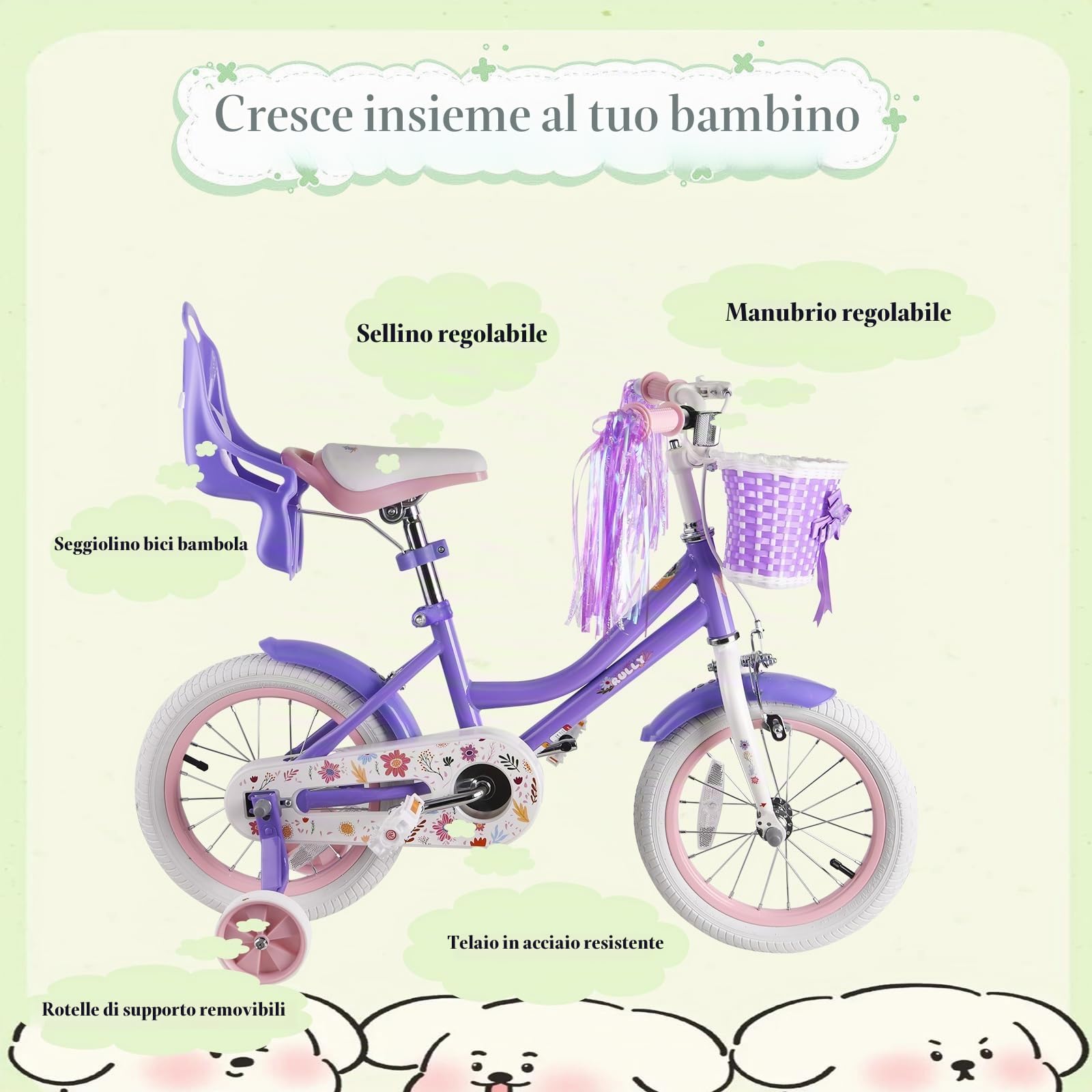 RULLY Bici da bambina 14" Daisy 3-5 anni – Bicicletta da bambino con ruote e cestino – Colore viola