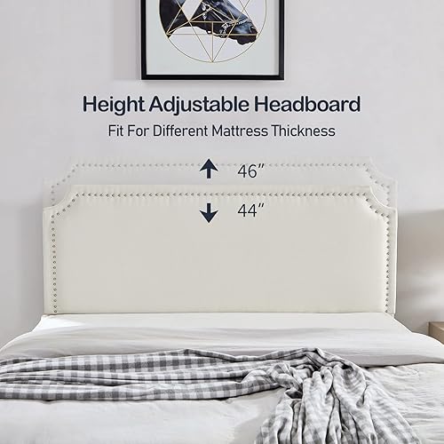 Miniatura 6 de ZeeFu Marco de cama matrimonial, plataforma tapizada de tela de lino beige con cabecera curvada ajustable y ribete de remache, no necesita somier,