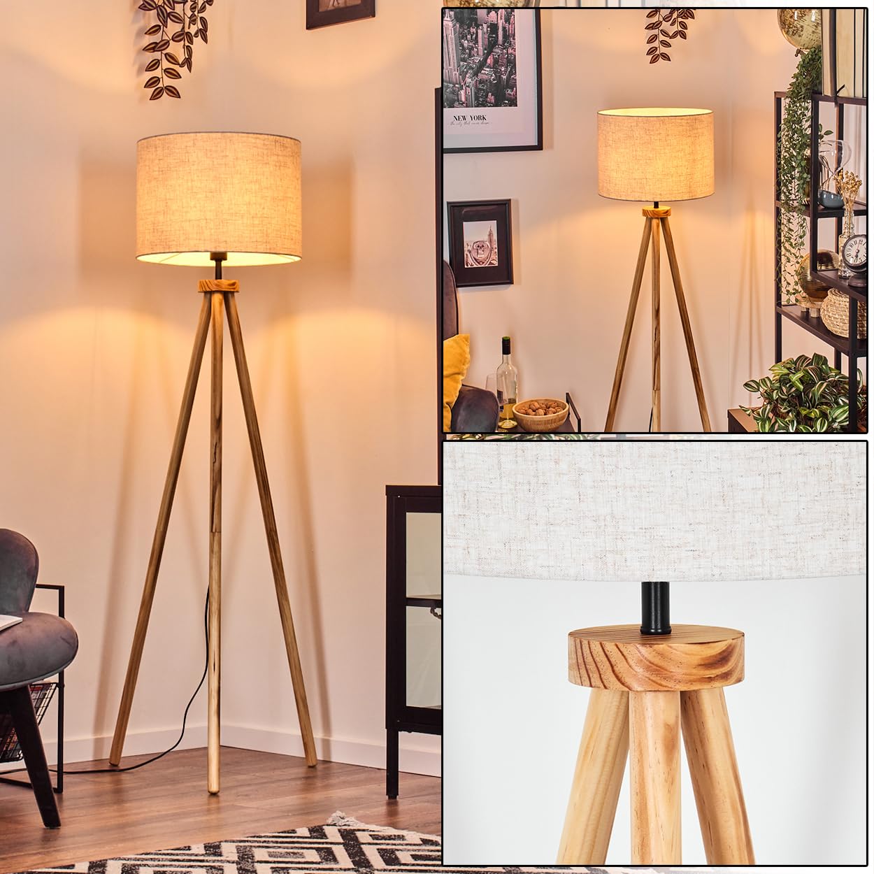 HOFSTEIN Stehleuchte Bassagoda, Stehlampe mit Holzfuß und Schirm aus Stoff, E27, skandinavisches Design, Boho-Style, Höhe 153cm, Ø 40cm, Fußschalter - Wohnzimmer, Schlafzimmer, Esszimmer, Flur, Büro