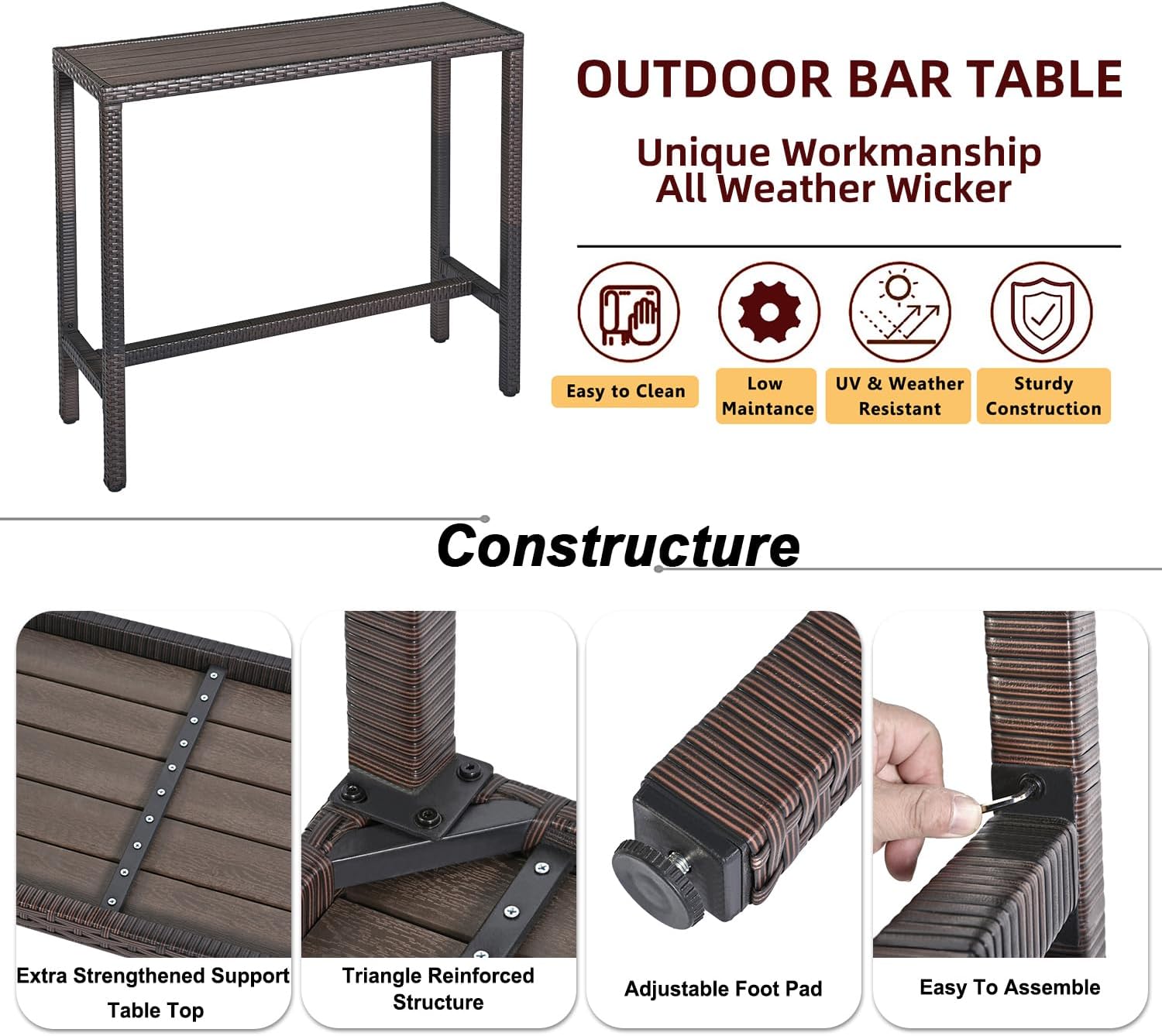 Outdoor Bar Table Patio Counter Height Table 45" Long Wicker High Top Pub Table Tall Console Table Rectangle Narrow with Adjustable Feet for Hot Tub Balcony Garden Outside Pool Deck Backyard Brown