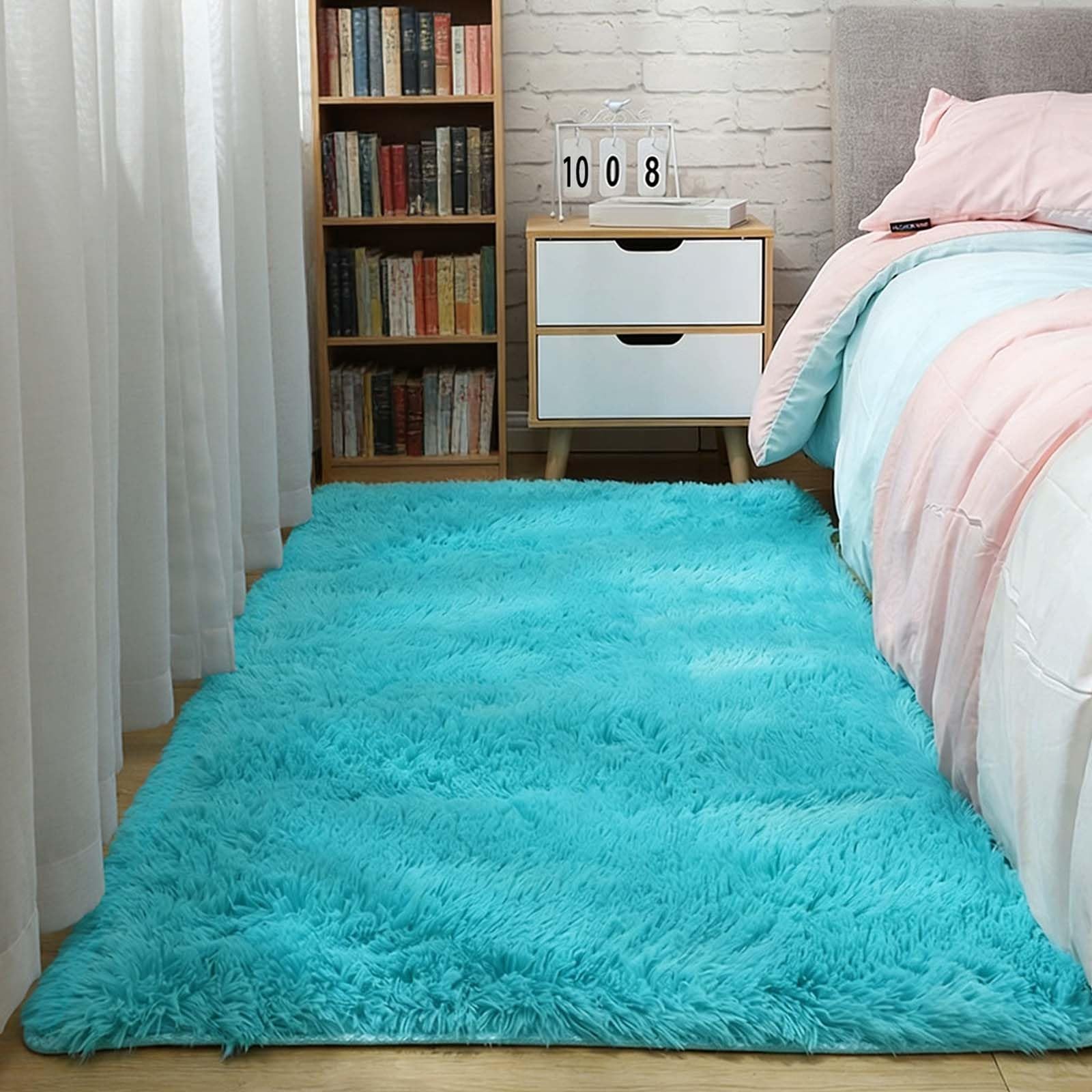 Tapis de salon à poils épais bleu, revêtement doux moelleux pour chambre