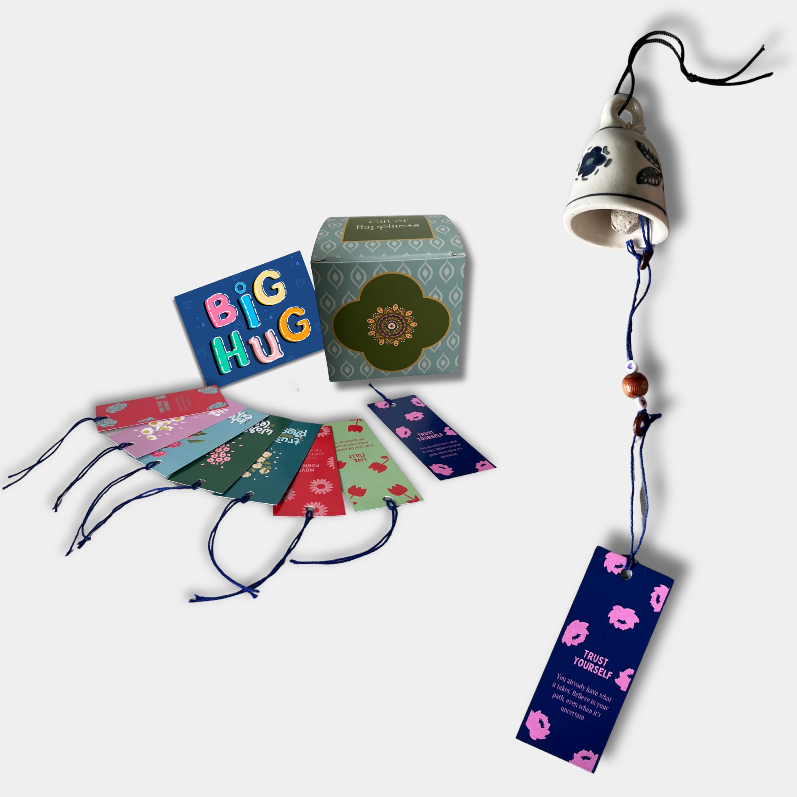 Ceramic Hanging Wind Chime Bell | Set of 8 Inspirational Quotes Paper Strips | Gift of Happiness Box Set with Gift Card | Gifting and Home Decor (Blue Floral)-picture-12