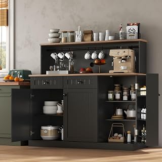 Gyfimoie Farmhouse Sideboard Buffet Cabinet: 2 Drawers, Adjustable Shelves, 3 Doors Black Kitchen Pantry Coffee Bar