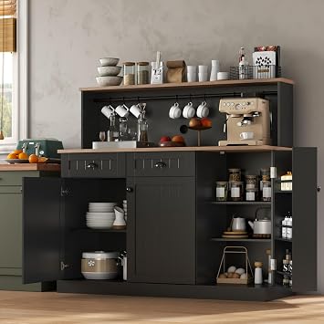 Gyfimoie Sideboard Buffet Cabinet with 2 Drawers, Farmhouse Kitchen Pantry with Adjustable Shelves, Coffee Bar Cupboard Cabinet with 3 Doors for Kitchen, Dining Room Black
