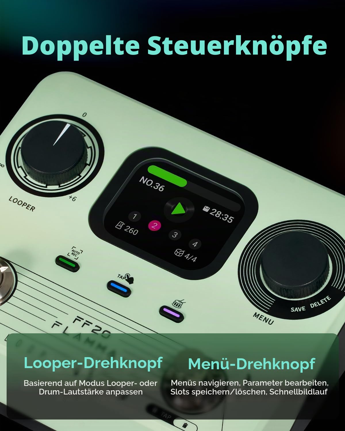 FLAMMA FF20 Looper-Pedal mit integrierter Drum-Maschine – 300 Min Stereo-Aufnahme, 220 Drum-Grooves, 100 Speicherplätze, Time-Stretch, Auto-Record, USB & Kopfhörerausgang – für Gitarre & Bass