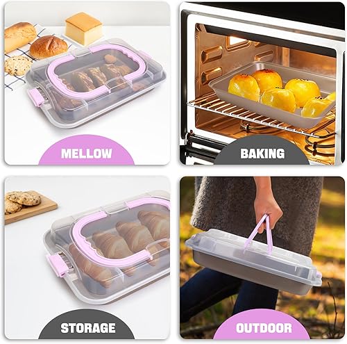 Miniatura 7 de Molde rectangular para pasteles con tapa, bandeja para hornear de 9 x 13 pulgadas con tapa y asa, antiadherente para hornear y asar y cocinar,