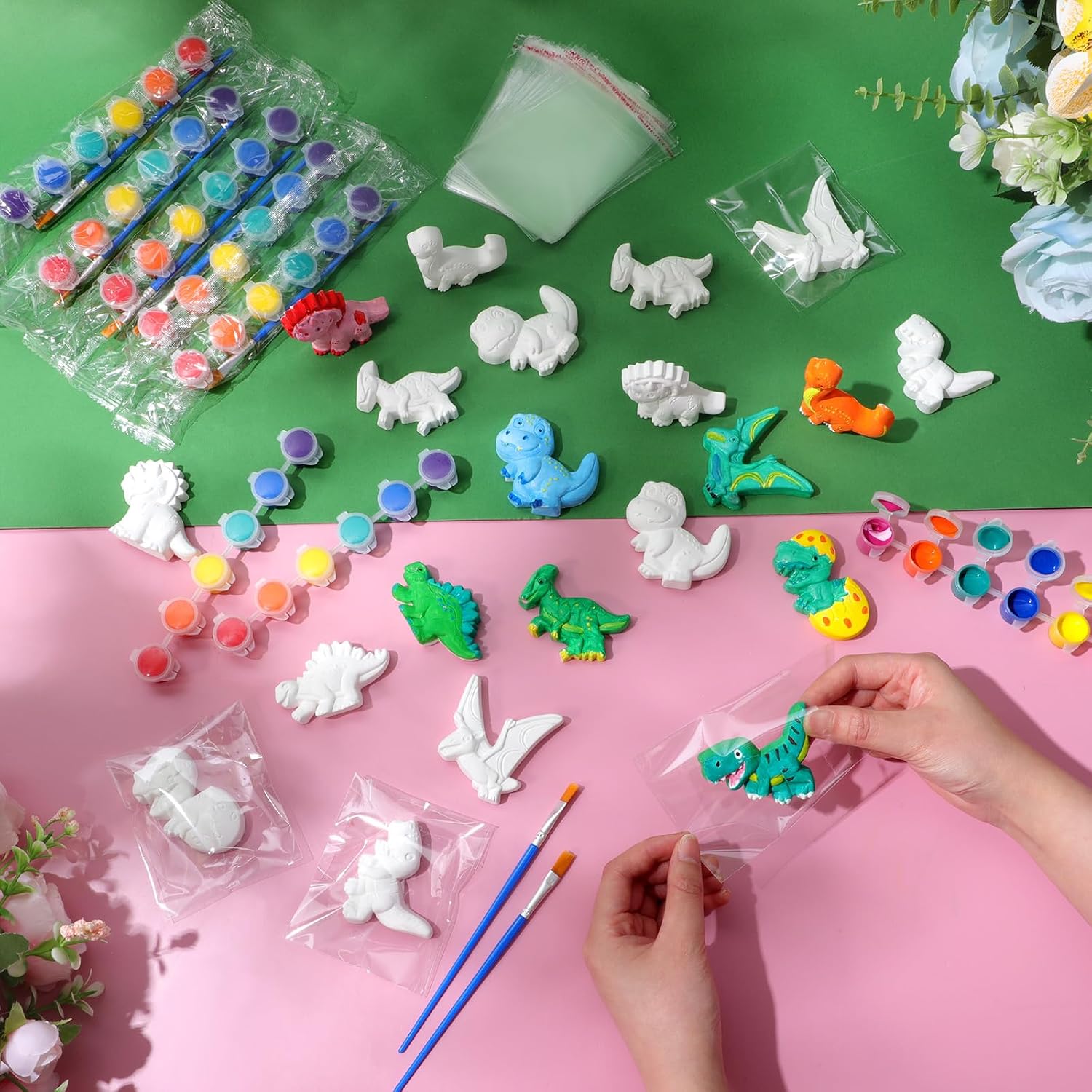 Leyndo 24 Set Dinosaur Painting Kit Bulk Craft Kits Paint Your Own Ceramic Figurines to Paint Unpainted Ceramic DIY Plaster Painting Crafts for Party Favor Kids Adults