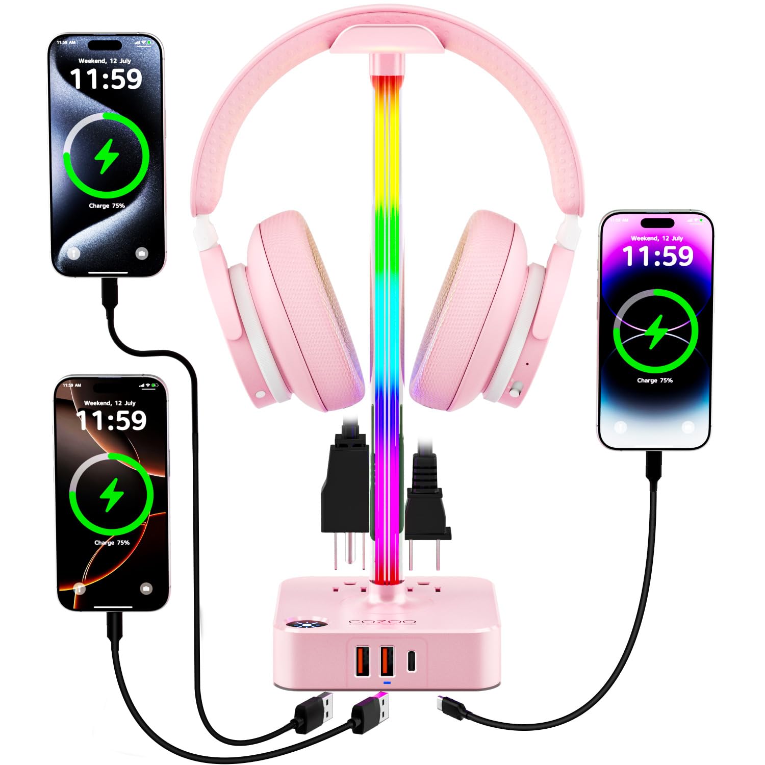 cozoo Regali per ragazze adolescenti carino rosa RGB cuffie stand e stazione di ricarica, 3 prese USB 2 AC – elegante supporto per cuffie da gioco, scrivania e sala giochi, regali di Natale per