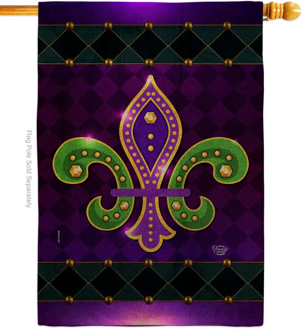 Purple & Green Fleur De LYS House Flag Springtime Mardi Gras Carnival Festival Masquerade Celebration Season Holiday French Banner Small Garden Yard Gift Double-Sided, Made in USA