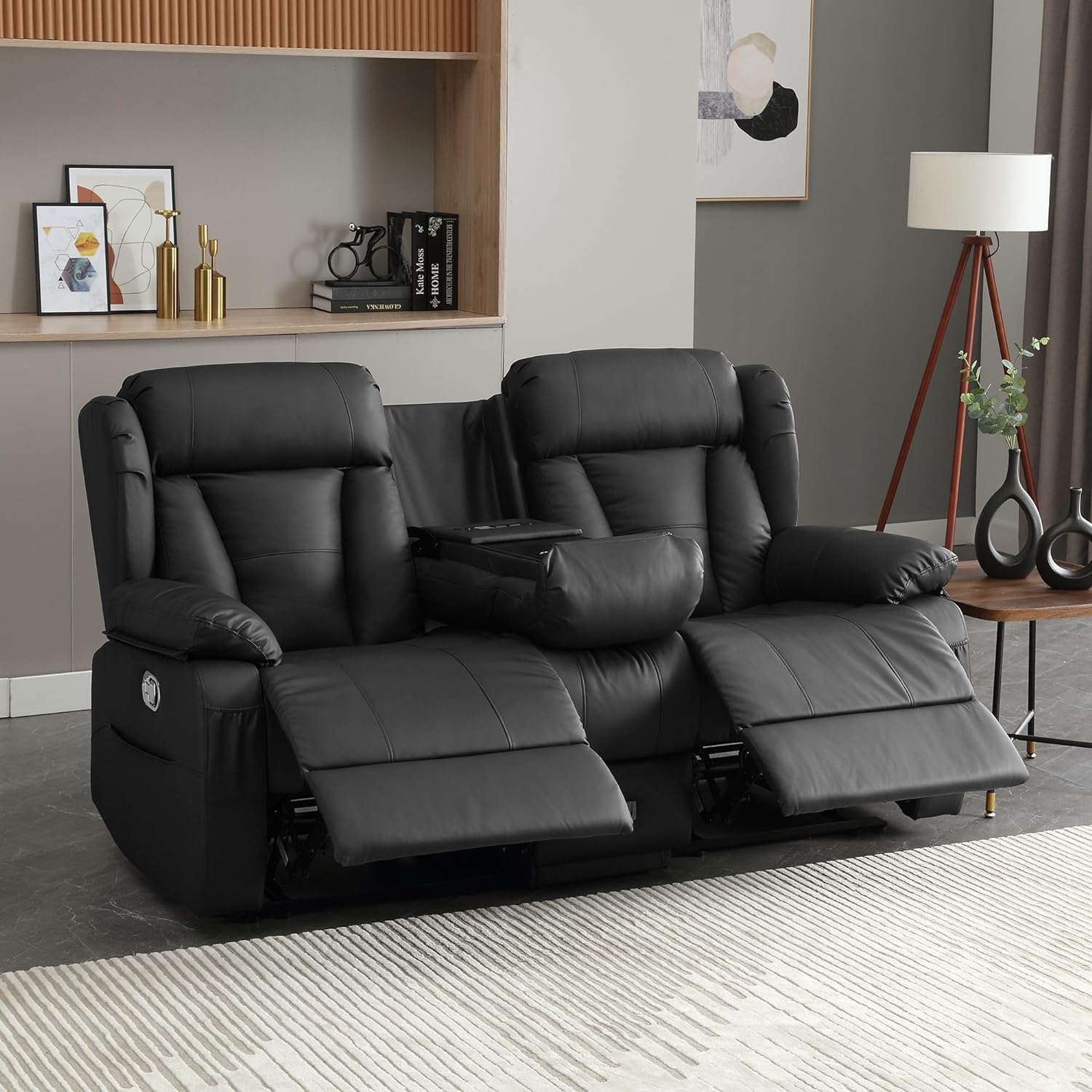 AHMEDLoveseat Recliner,Recliner RV Sofa with Hidden Arm Storage Console,Faux Leather Reclining Chair with USB Ports,Cup Holders,Home Theater Seating for Living Room,RV Theater Seating,Black