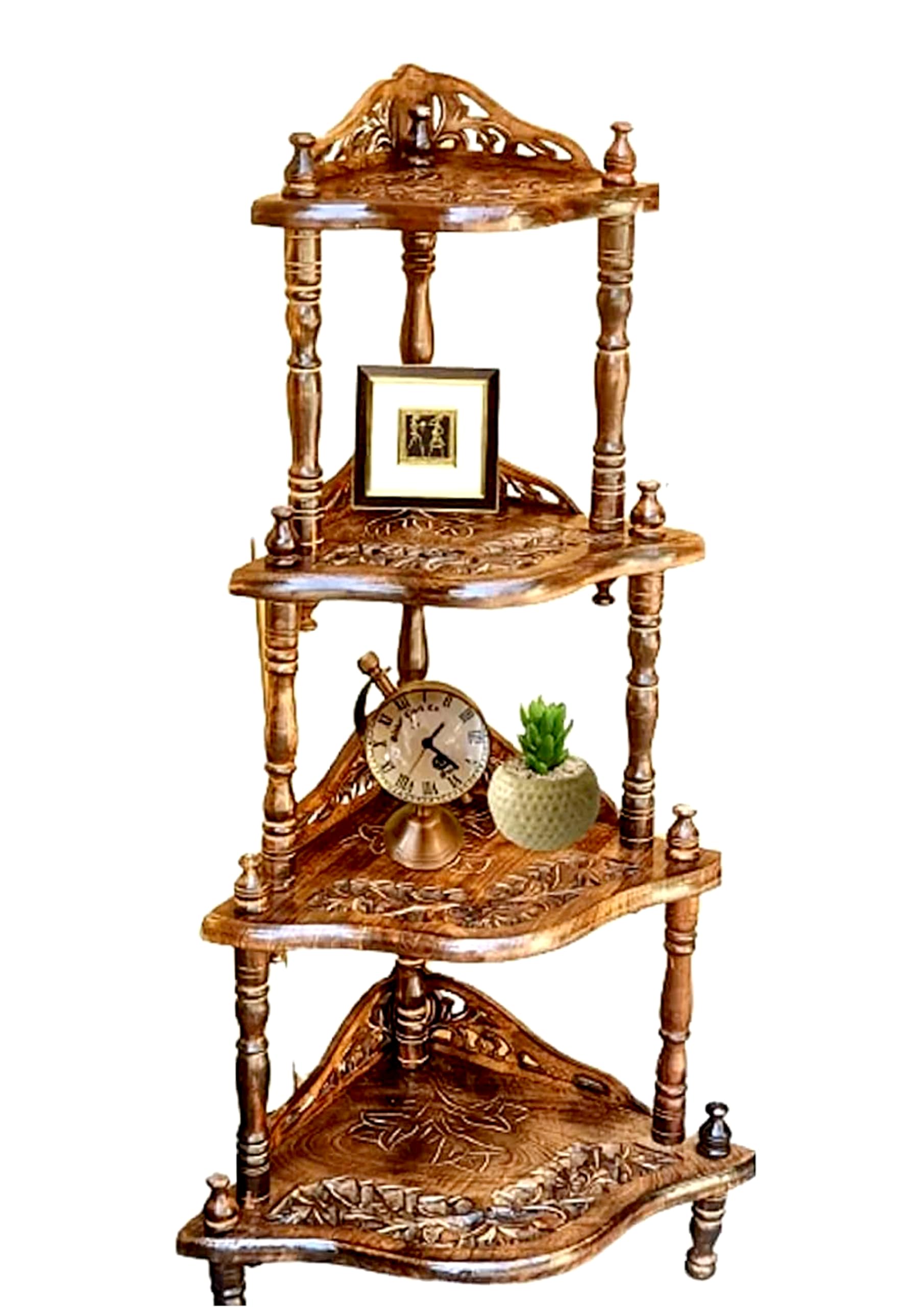 4 Tier Corner Shelf & Rack Self Standing in Pure Mango Wood Handcrafted Home Decor Carving Design.-picture-11