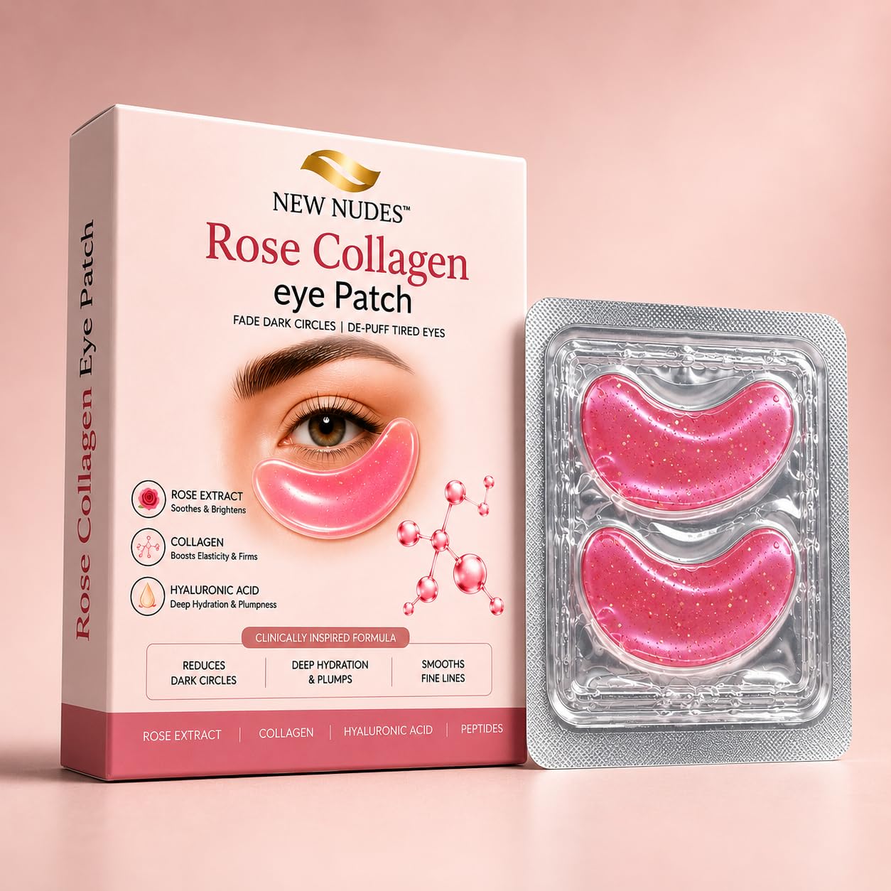New Nudes Rose Collagen Eye Patch – Hydrating Under Eye Masks with Rose Extract, Collagen, Hyaluronic Acid & Peptides, Reduces Dark Circles, De-Puffs Tired Eyes, Smooths Fine Lines, Brightens & Firms Skin - Pack of 5-picture-50