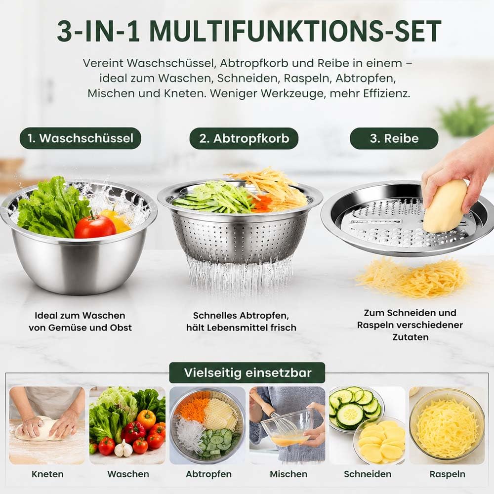 Multifunktionales Edelstahlbecken 3-In-1-Reibe, Abtropfsieb,SalatschüSsel,VergrößErt Und VerstäRkt (880 g),Siebbecken RüHrschüSsel-Set, FüR GemüSe, Obst Und ReisspüLer (26cm)