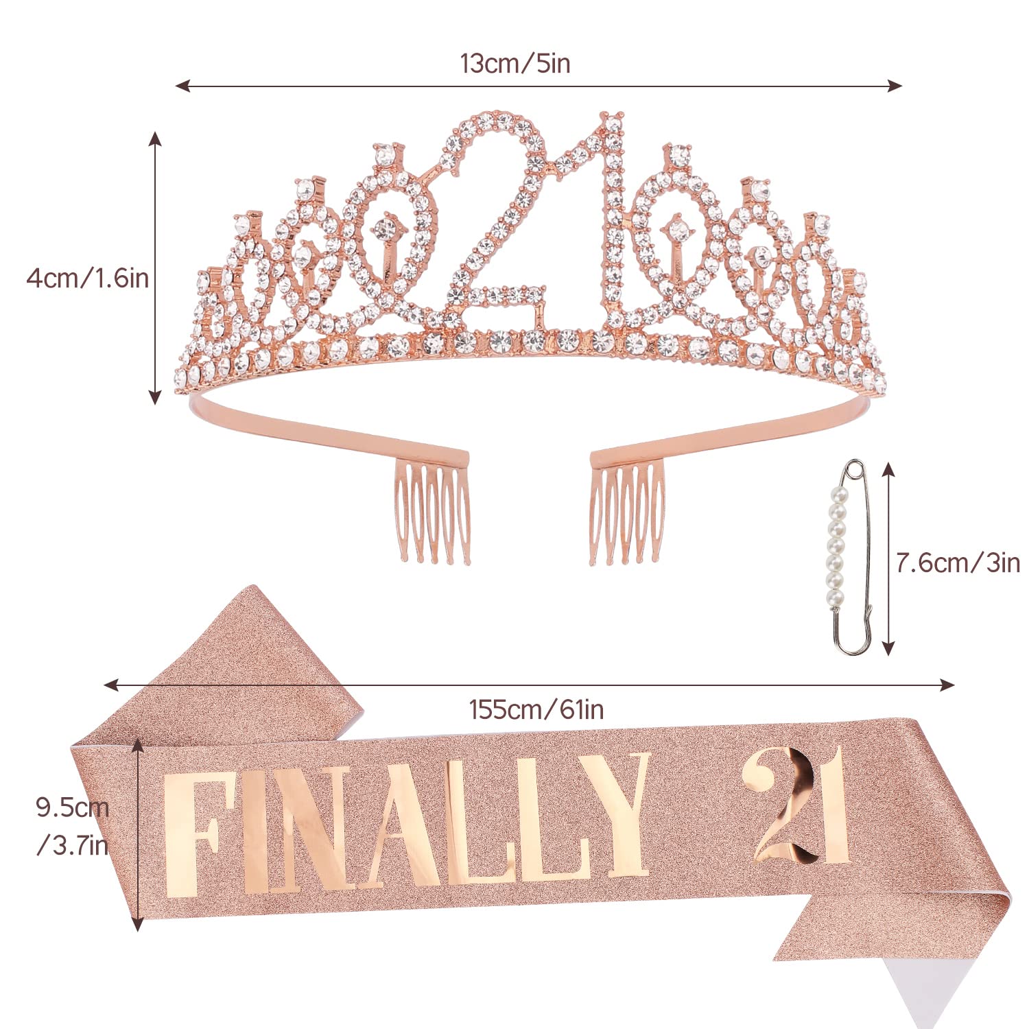 CAVETEE Rose Gold 21st Birthday Sash and Crown Set - Women's Birthday Queen Tiara and Sash