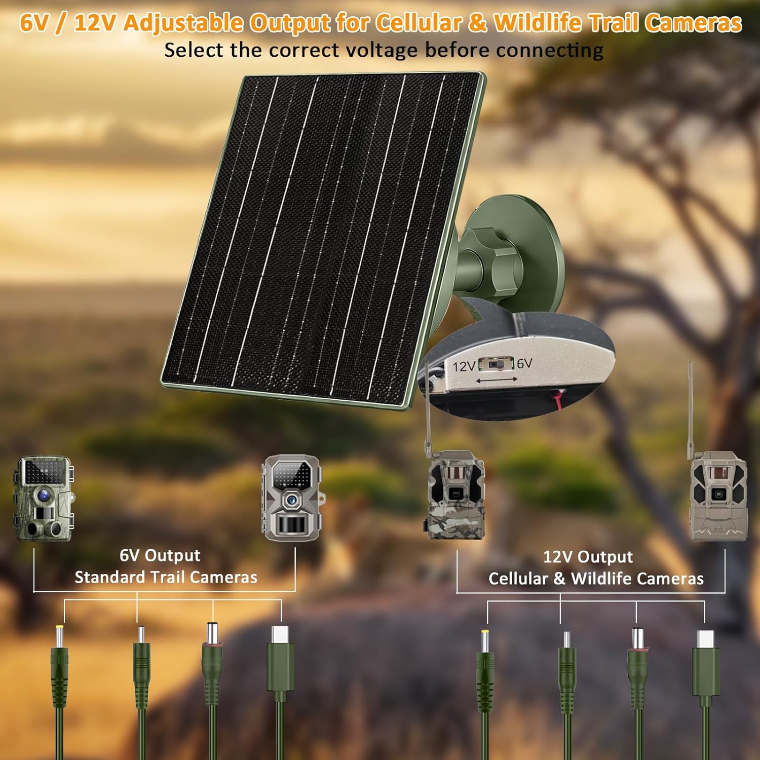 Zivif Solar Panel Charger for Trail & Hunting Cameras, 10W 3.7V 10400mAh Built-in Battery, 6V/12V Adjustable Output, Universal Adapter Cables (DC5521, DC4.0x1.7mm, DC3.5x1.35mm, Type-C)