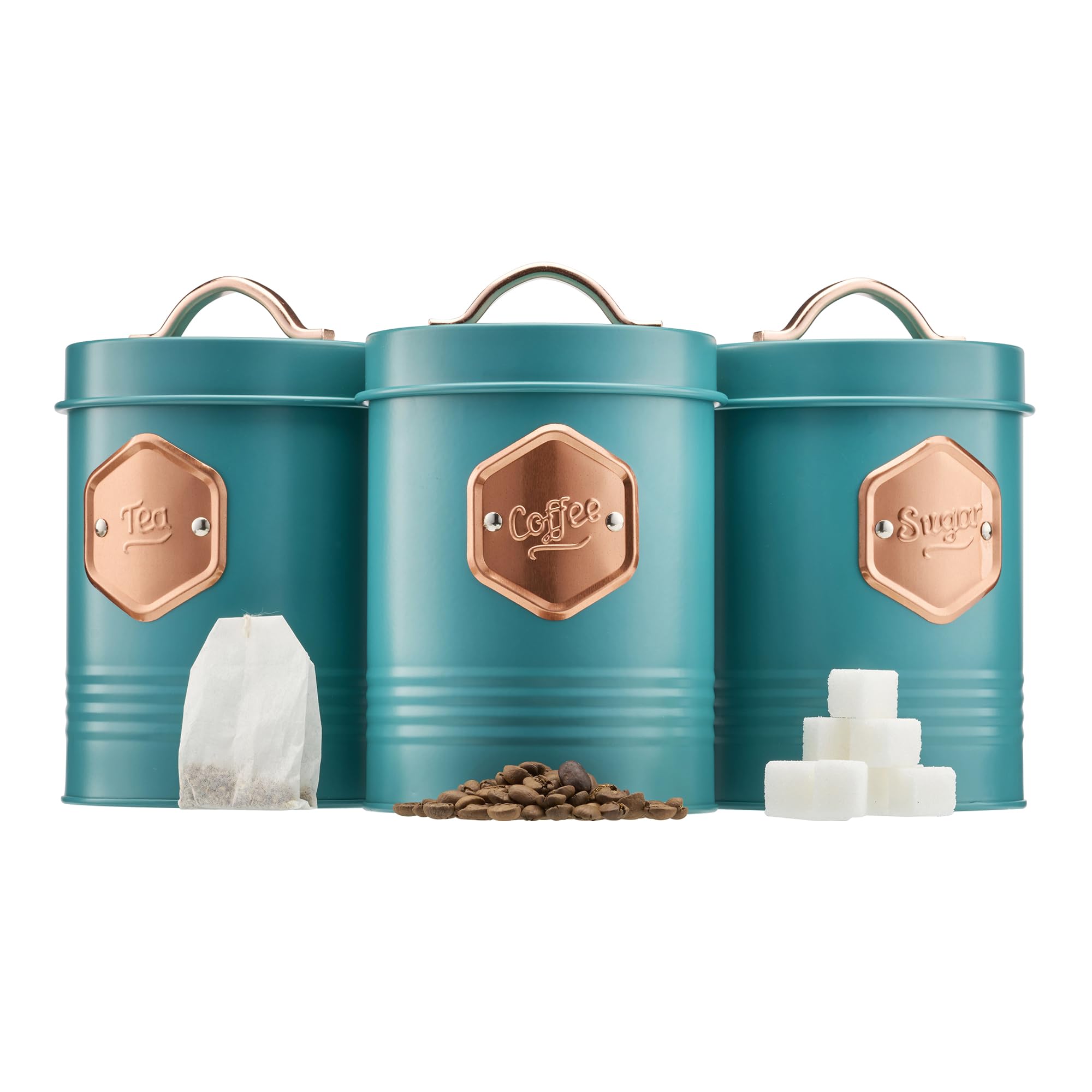 Cooks Professional 3 Piece Tea Coffee Sugar Cannister Set | Labelled Storage Tins | Containers with Airtight Lids | Canisters for Kitchen Accessories & Essentials | Teal & Copper โ image 1