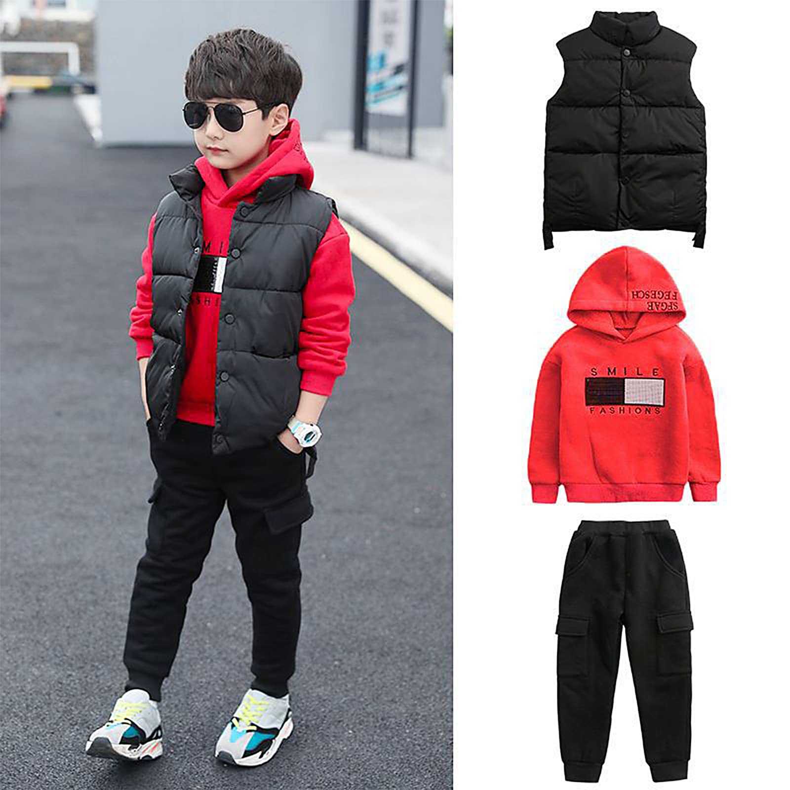 amropi Chándal Niños 3 Piezas Sudadera con Capucha y Cálido Chaleco y Pantalones Jogging Conjunto Ropa para 3-12 años