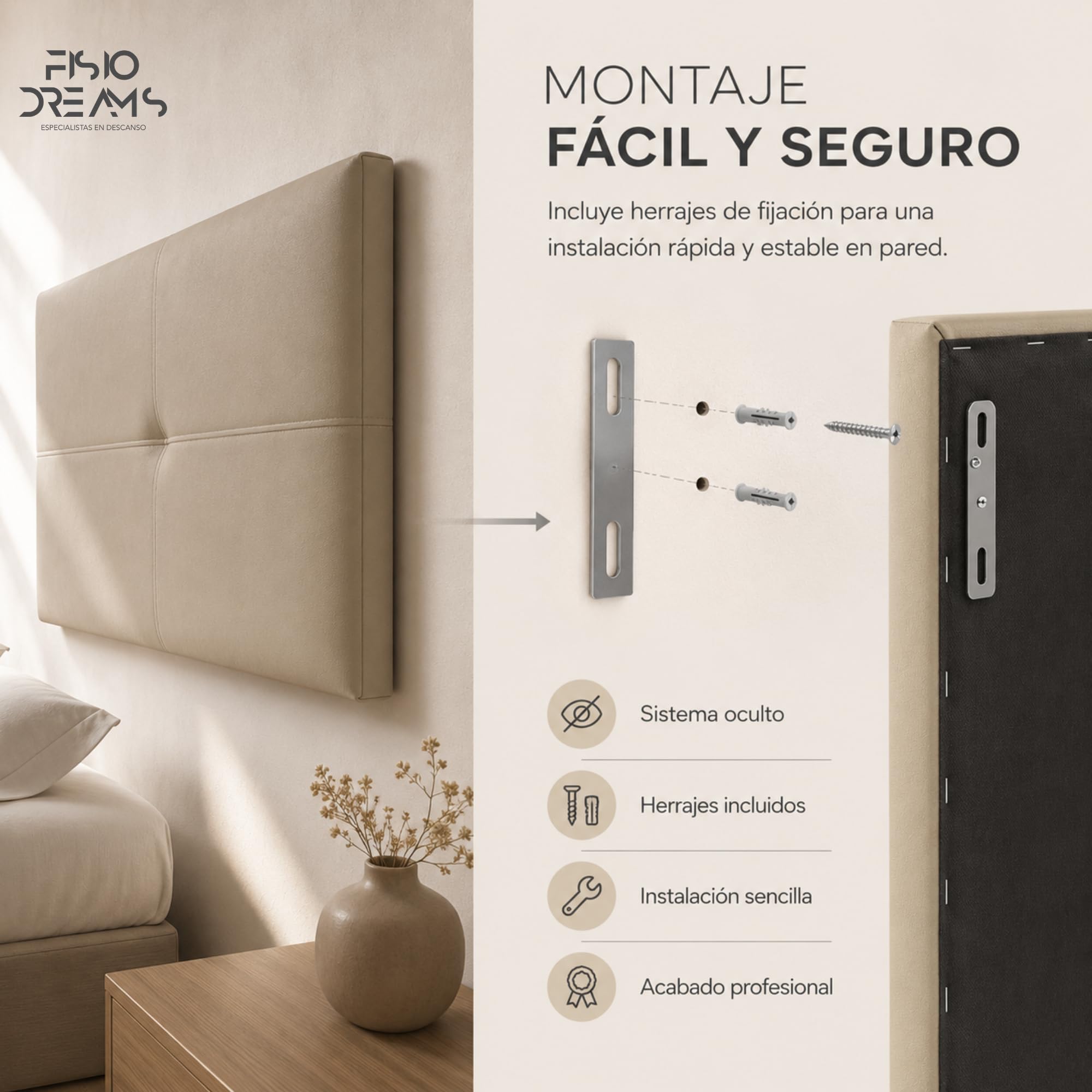 FISIO Dreams Cabecero Polipiel Tapizado Lola para Cama 90, 105, 135, 150, 160, 180 y 200 cm | Cabezal Acolchado Moderno | Fabricado en España | Fácil Instalación | 5 cm