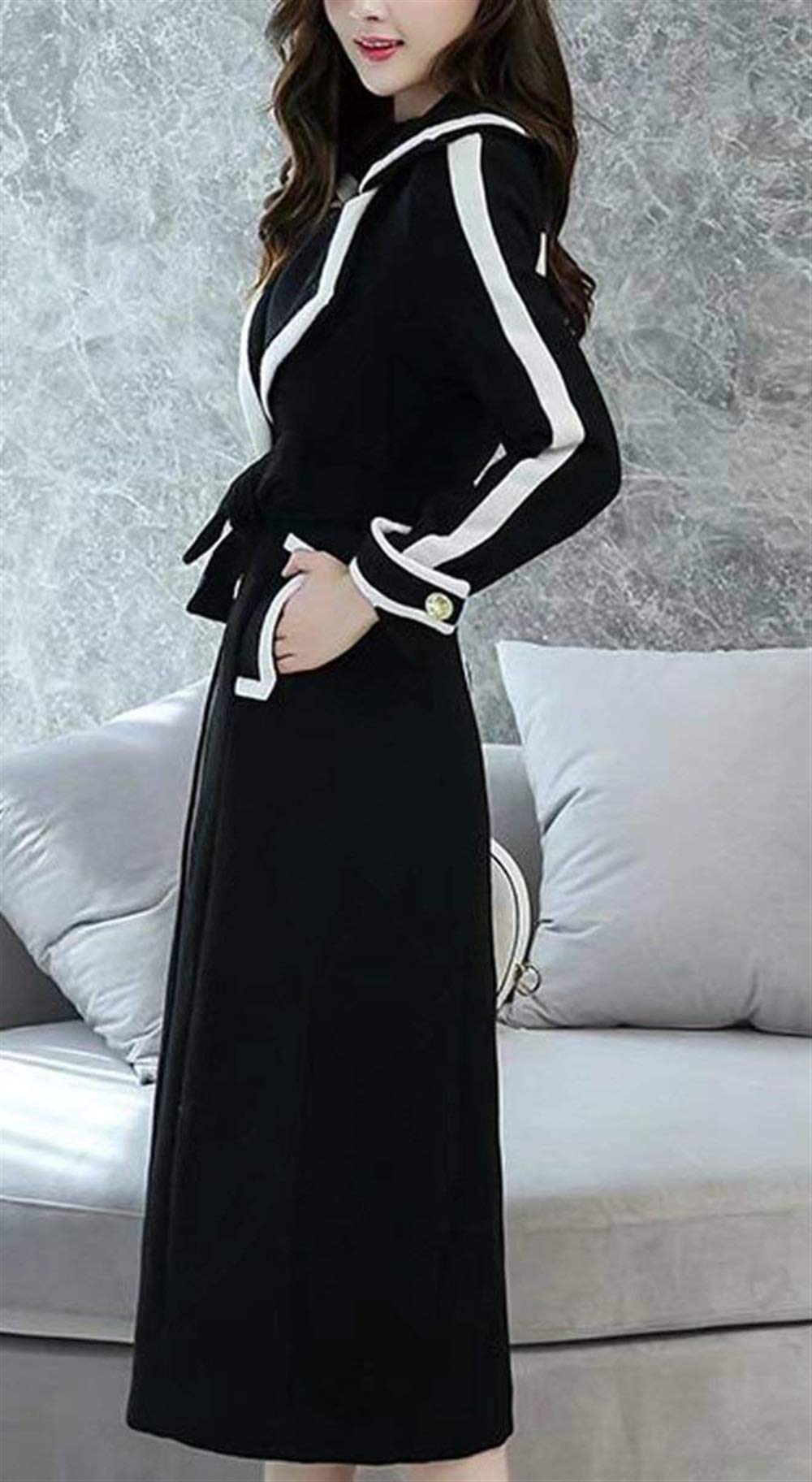 Huixin Płaszcz damski długi jesień zima elegancki mieszane kolory klapa długi rękaw retro trencz płaszcz slim fit modny nowoczesny styl damski klasyczny płaszcz płaszcz odzież wierzchnia, Czarny, M