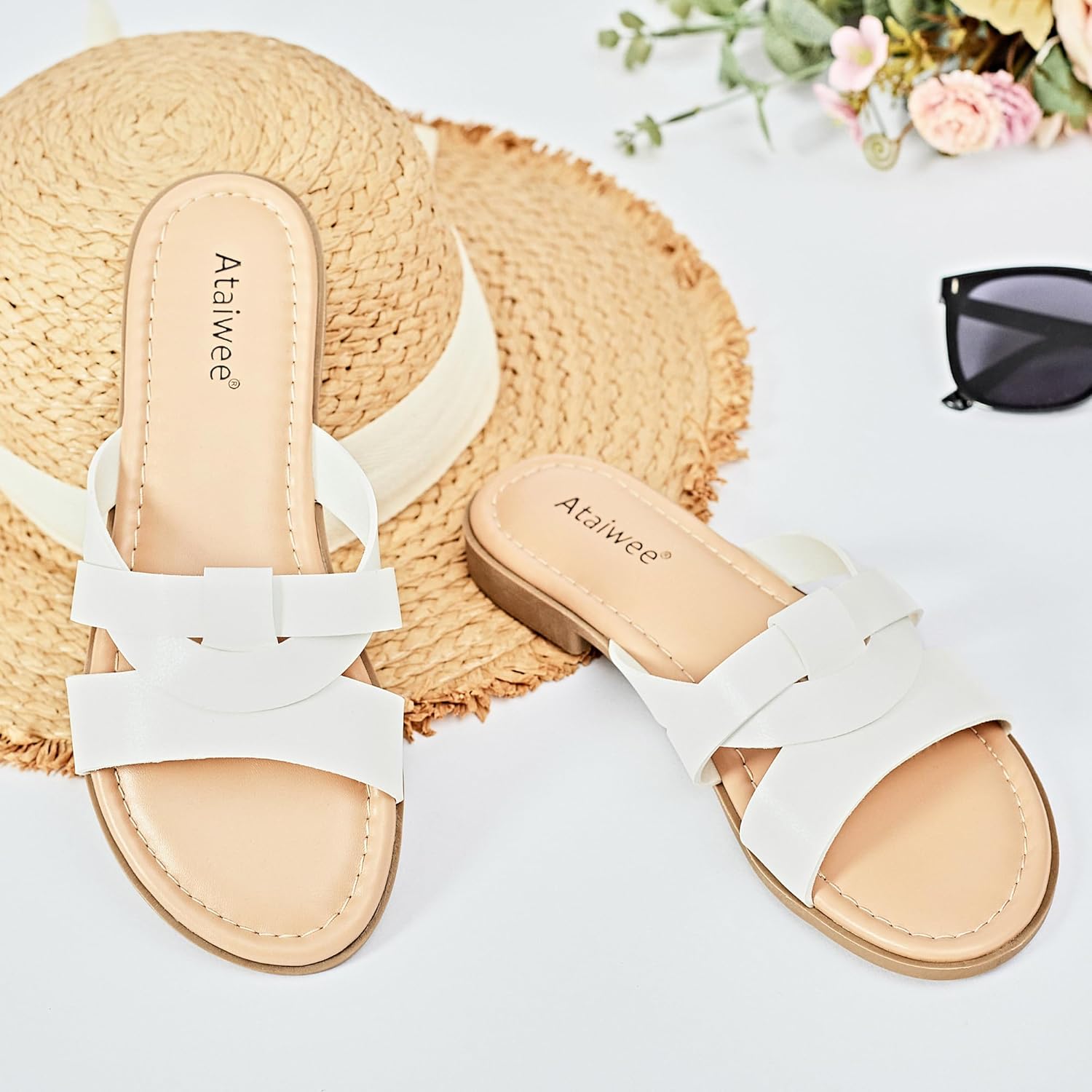 Ataiwee Women's Flat Slide Sandals - Ladies Casual Slip On Criss Cross Strap Summer Dress Slide Sandals. 5 71XN6r56umL. AC SL1500