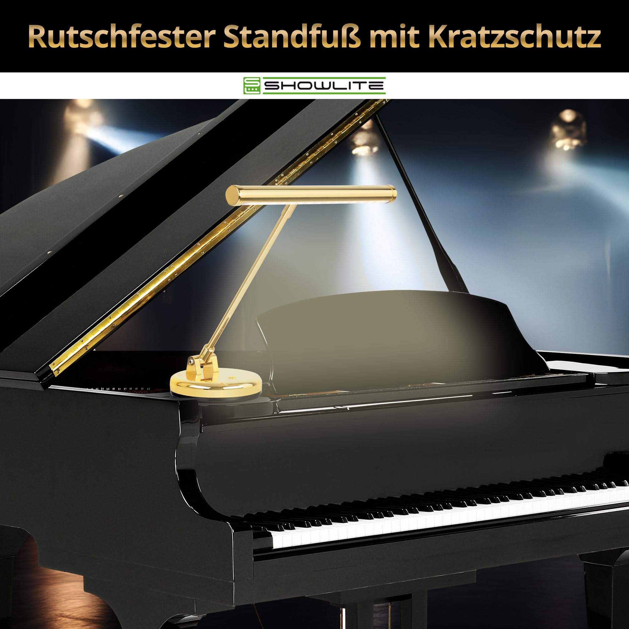 Showlite PL-1-GD-WW Lampada LED per Pianoforte - Lampada per Pianoforte con 15 LED - luce warm white a 2 livelli - altezza 36 cm - alimentazione via USB, rete o batteria - oro lucido