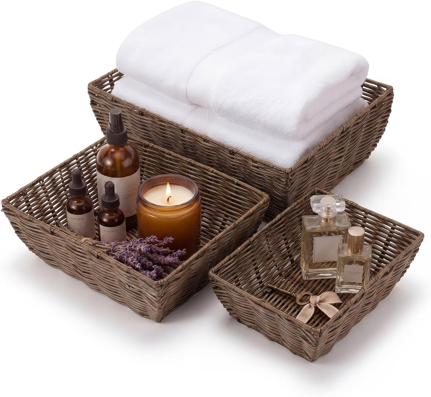 AceOrbit 3pcs Woven Baskets for Storage, Wicker Baskets for Organizing Handwoven 3-size Organizer Basket Storage Bins Container for Pantry Shelves Closet Toilet