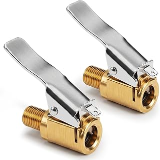 2-Pack Tire Air Chuck, Brass Tire Inflator Adapter | Air Chuck Quick Connect with Clip Adapter for Schrader Valves, Lock-On for Hands-Free Inflation, Helps Reduce Air Loss