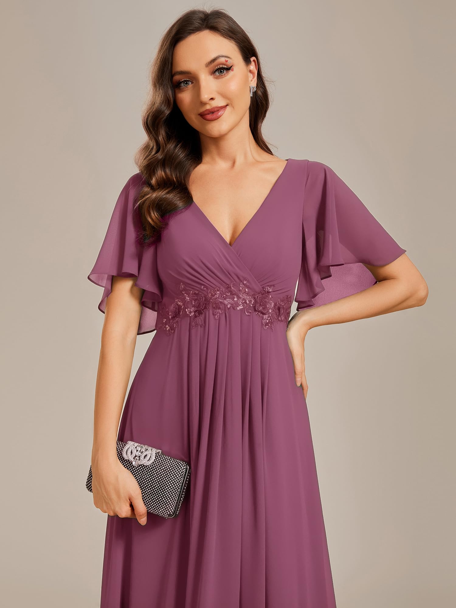 Ever-Pretty Elegantes Damenkleid mit V-Ausschnitt, Rüschenärmeln, langer Stil, Hochzeitskleid für Damen EE01960