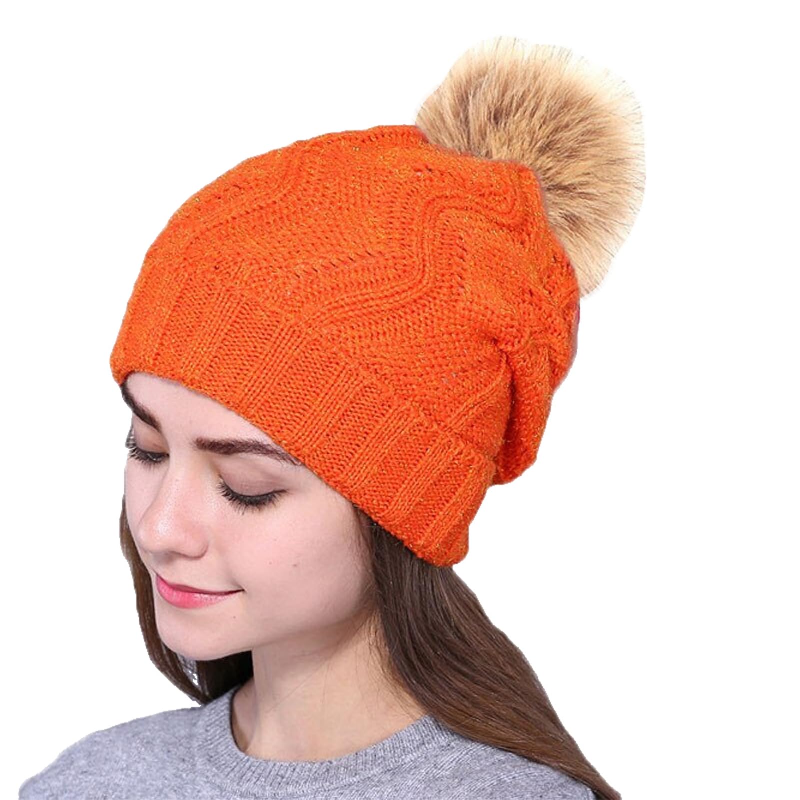 Gorro de Punto de poliéster con pompón sintético para Mujer, Gorro de Invierno para Esquiar al Aire Libre (Oranje 1, Talla única)