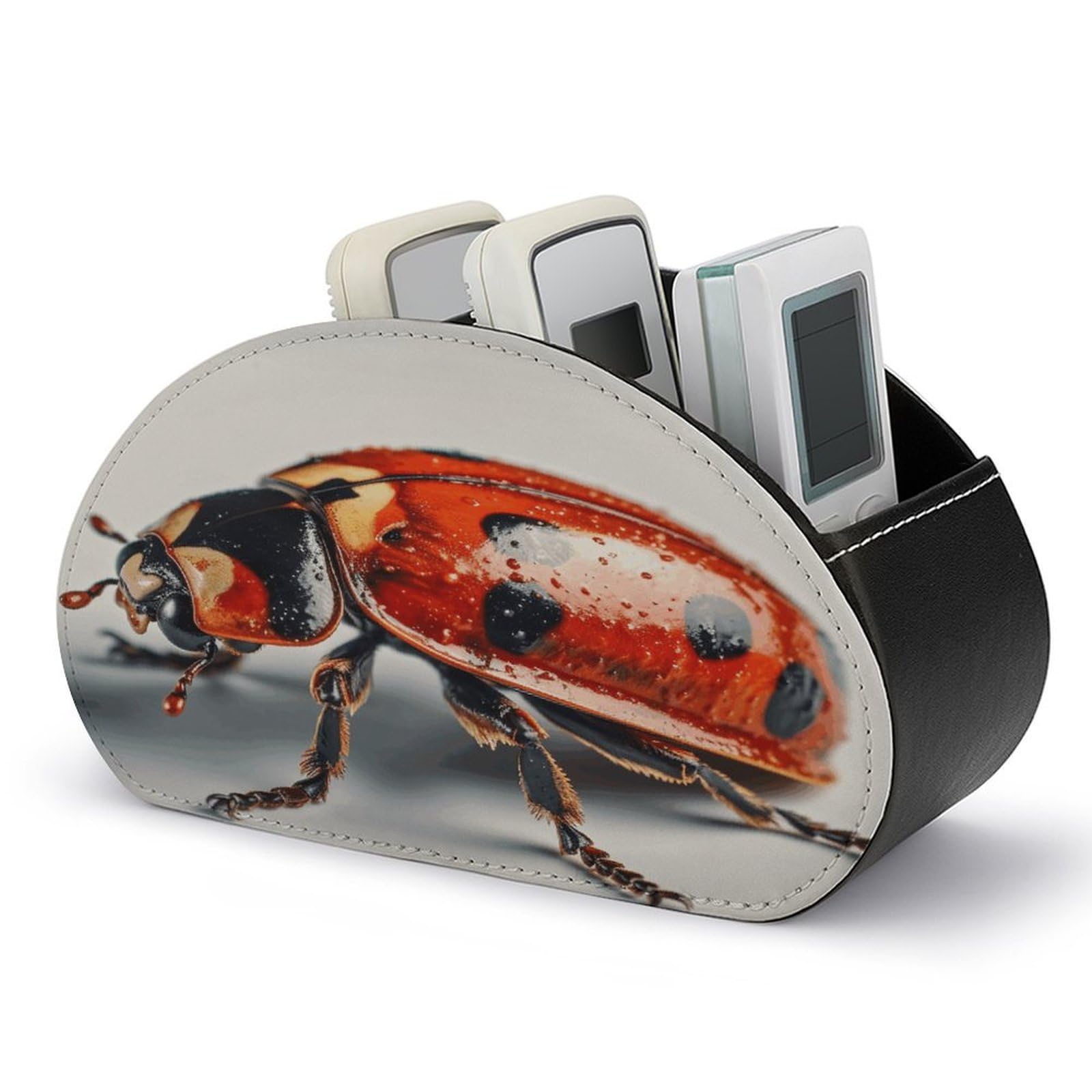 Ladybug on White Background Remote Control Holder with 5 Compartments Multi-functional TV Remote Caddy Organizer Leather TV Remote Holder Desktop Organizer Store for Bedside Table Office Desk