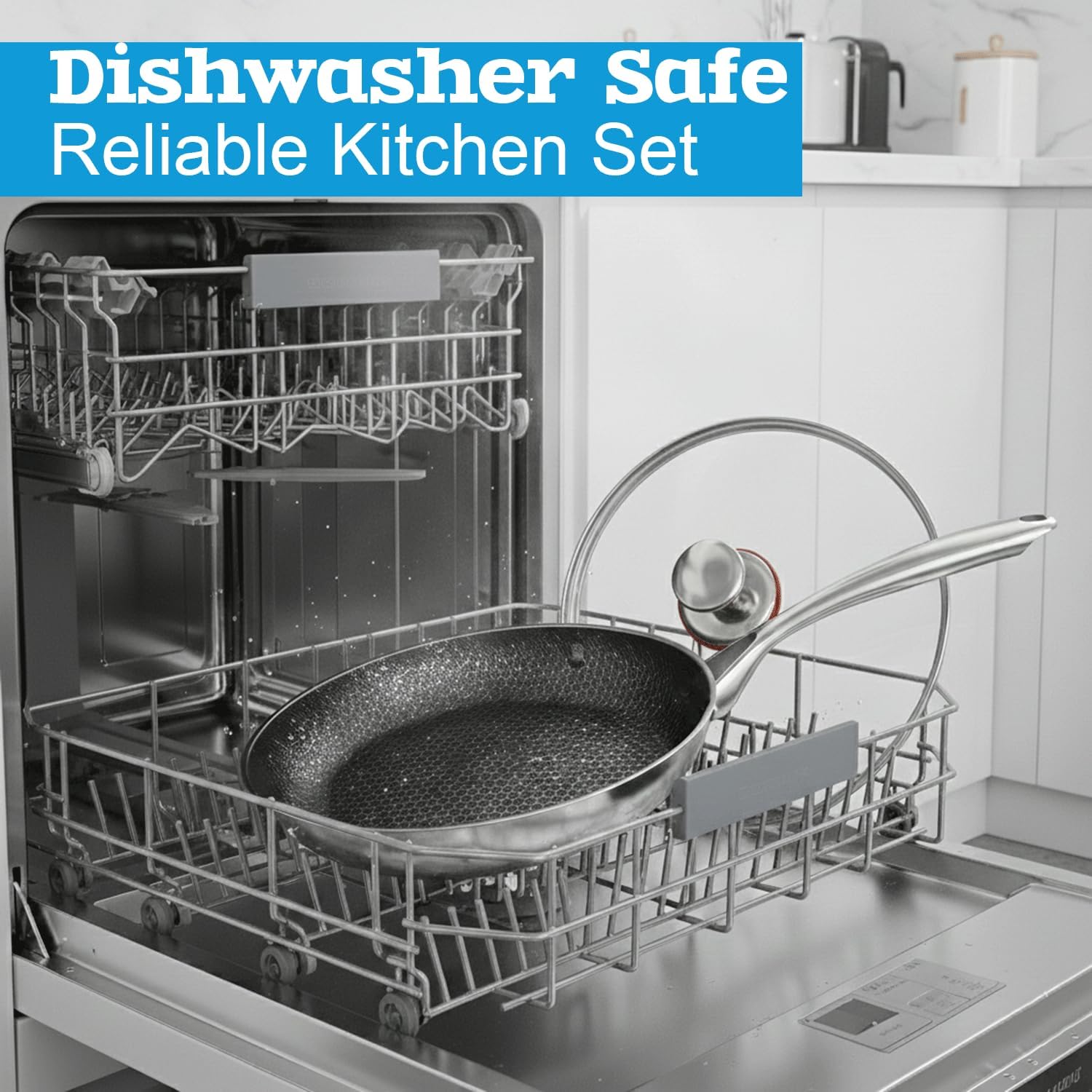 12 Inch Frying Pan with Lid, Non-Stick Titanium Cooking Pan, Stainless Steel Skillet with Hammered Surface, Induction Compatible, Oven Safe for Gas