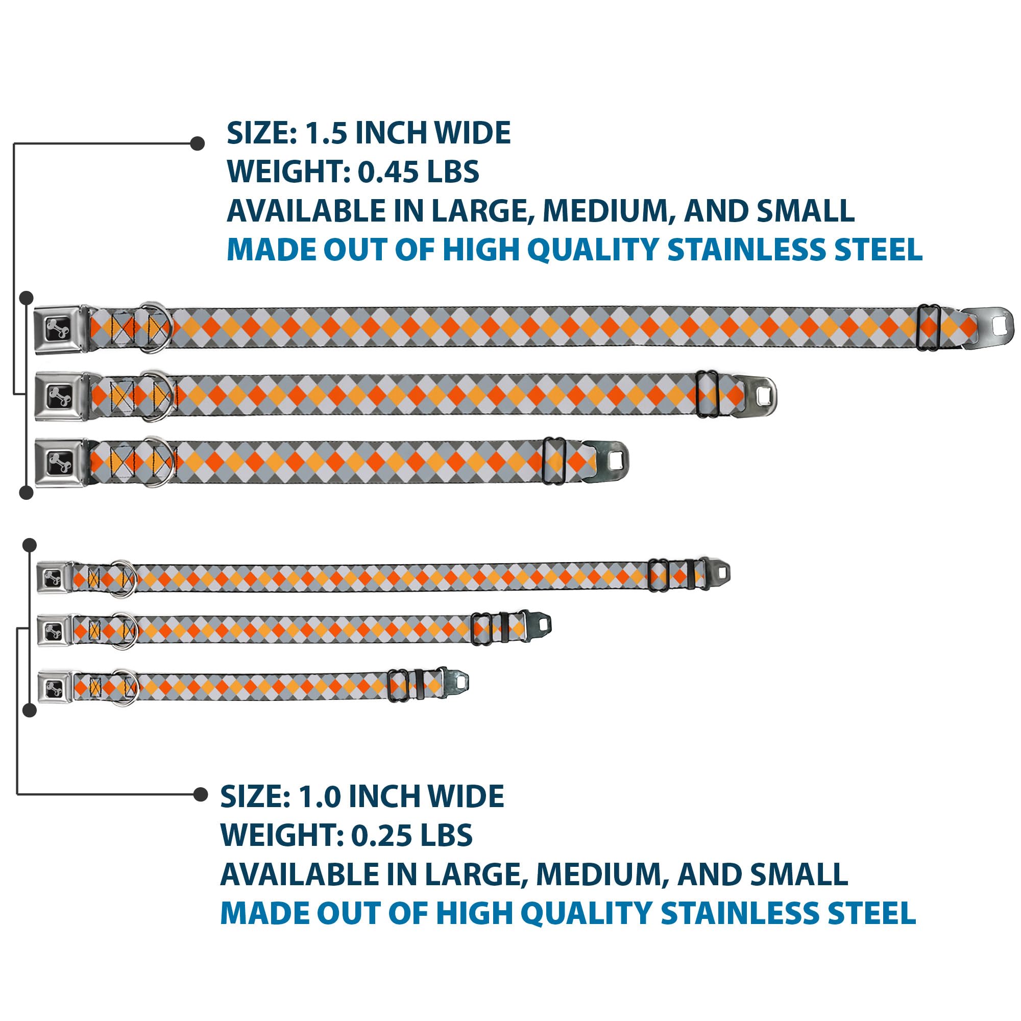 Buckle Down Diamante Plaid Grays/Arancio Collare Osso, Wide Small/13 – 45,7 cm
