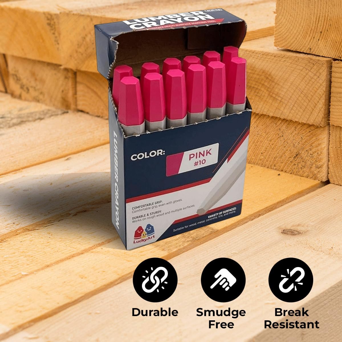 Lumber Crayons – Pink, Pack of 12 | Hexagonal Construction Marking Crayons for Wood, Concrete, Asphalt, Metal | Durable, Smudge-Free, Break-Resistant