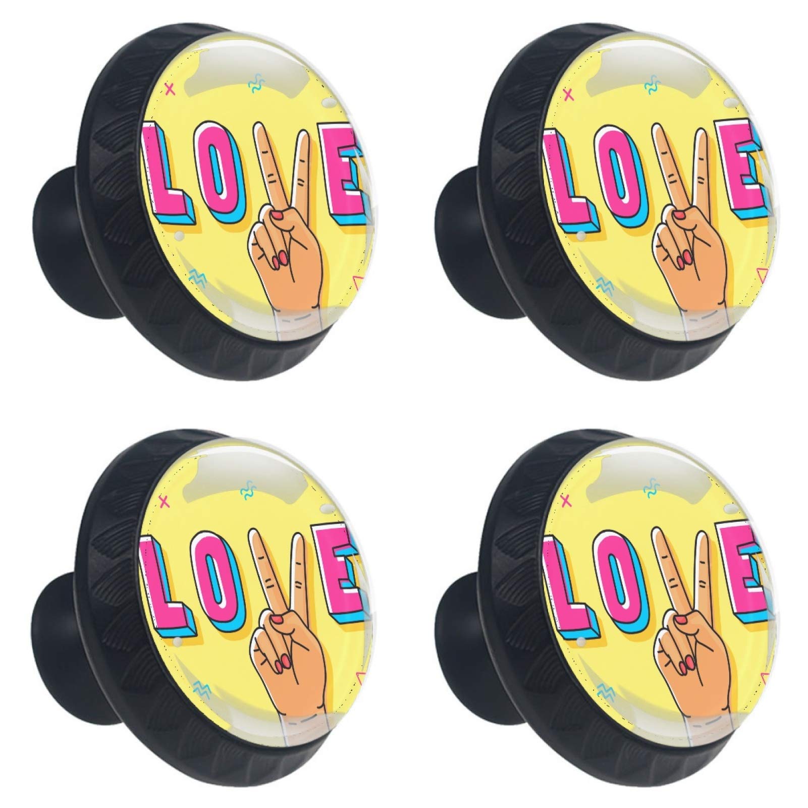 Boutons de placard ronds en verre Jaune 30 mm style Peace et Love x4