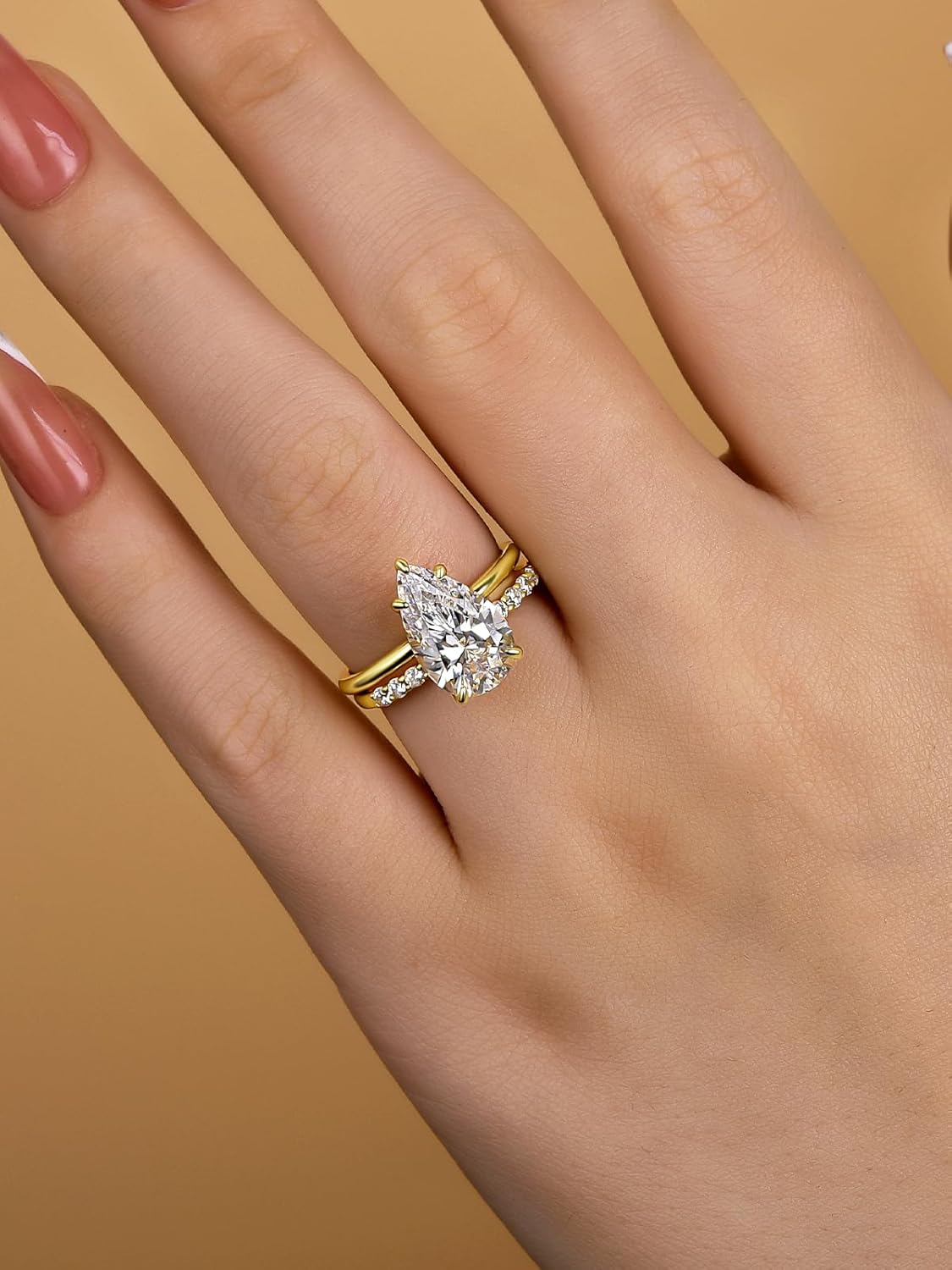 3.5CT Cushion/4CT Pear Cut Engagement Ring Set,18K Yellow Gold Plated 925 Sterling Silver Bridal Wedding Ring Set with Open Wedding band - Image 6