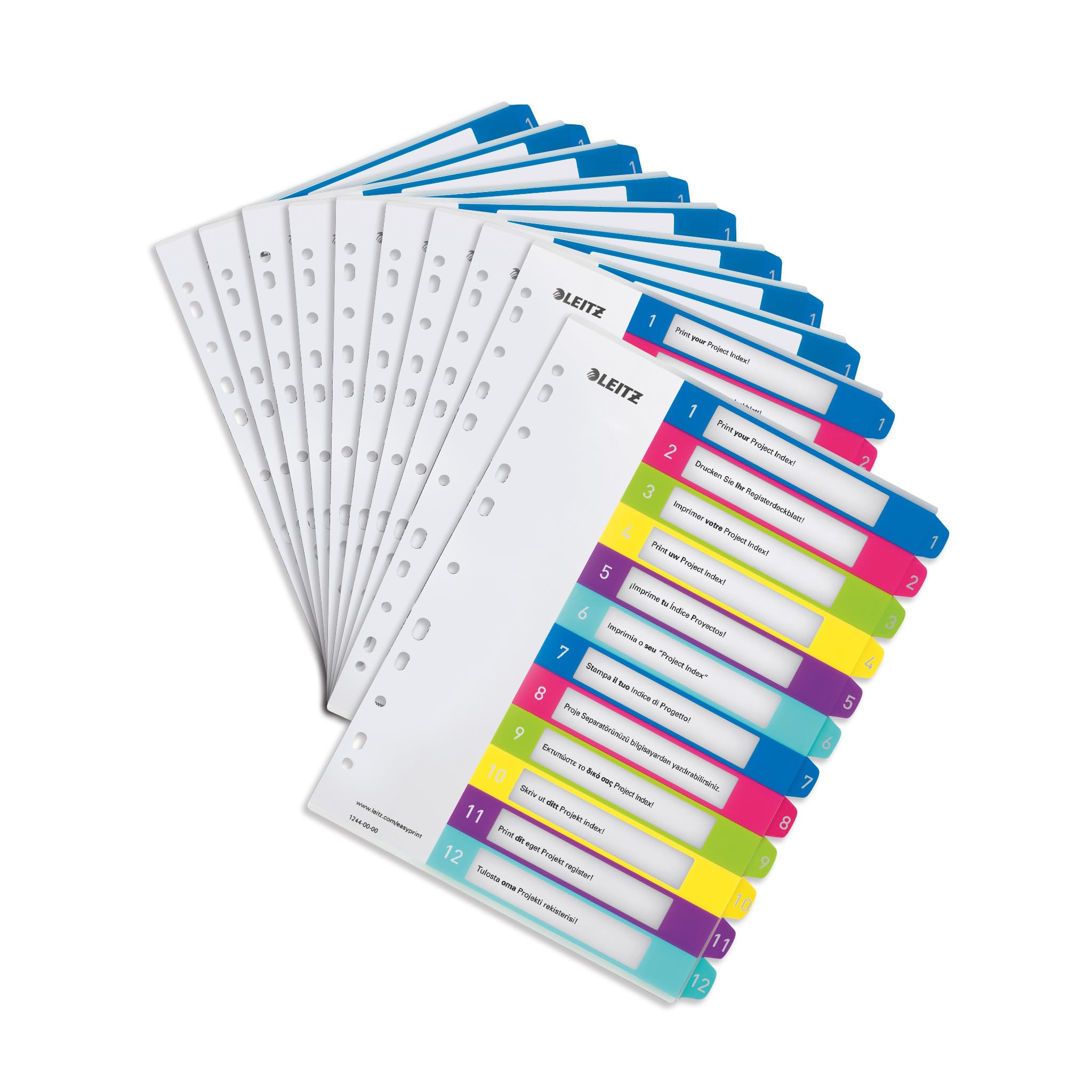 Leitz Register für A4, 10er Pack, PC-beschriftbares Deckblatt und 12 Trennblätter, Taben mit Zahlenaufdruck 1-12, Überbreite, Mehrfarbig, Polypropylen, WOW, 12440000