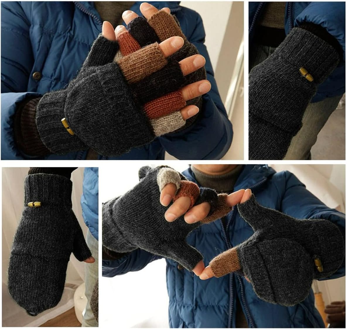 Winter Warm Gloves Fingerless Flip Knit Cashmere Gloves Mittens Gloves for Outdoor Walking Cycling Driving Women Men