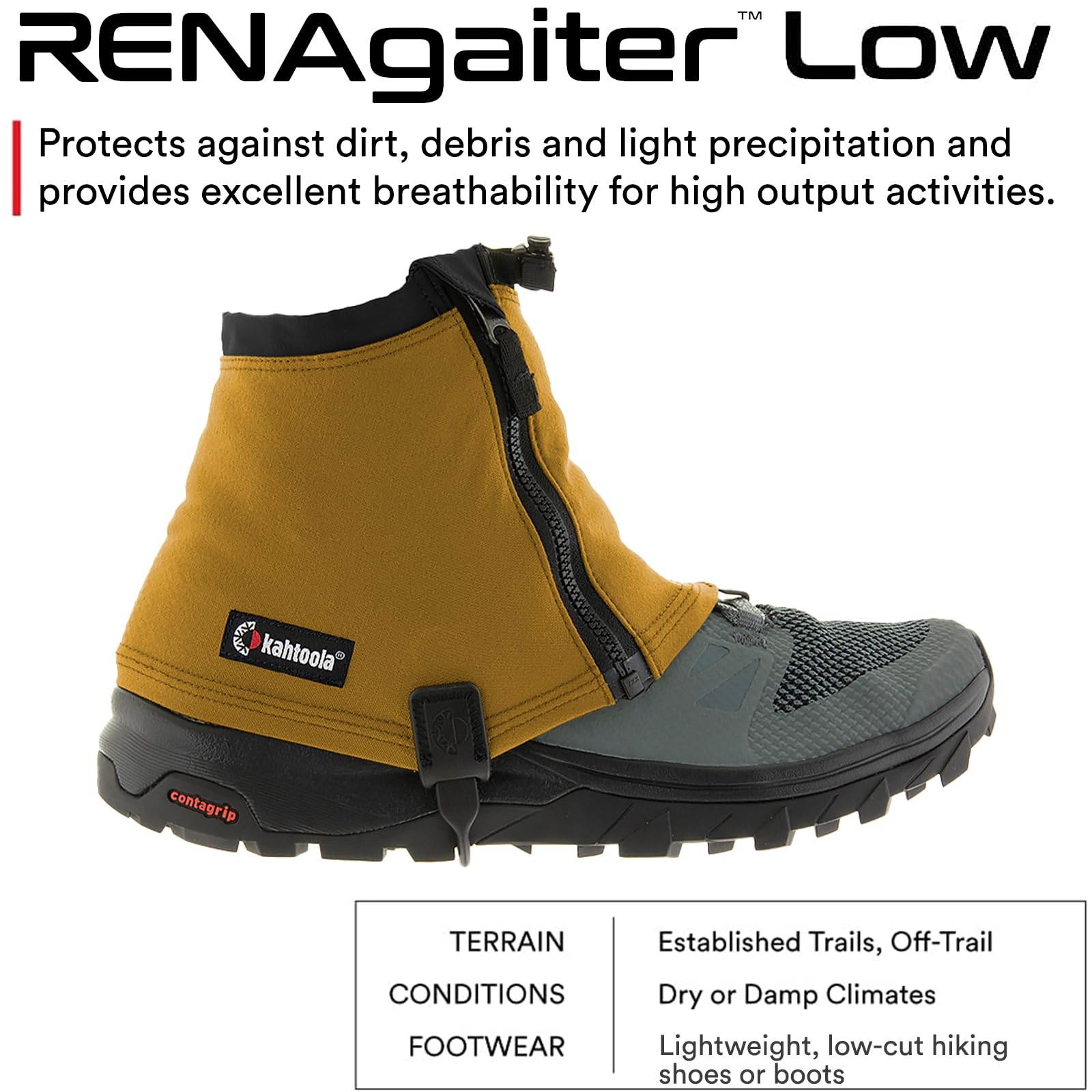 Kahtoola RENAgaiter Low Gaiters for Hiking, Mountaineering, Trail Running, Shoe & Boot Protection in Mud, Snow & Ice - Curry - Small|Medium
