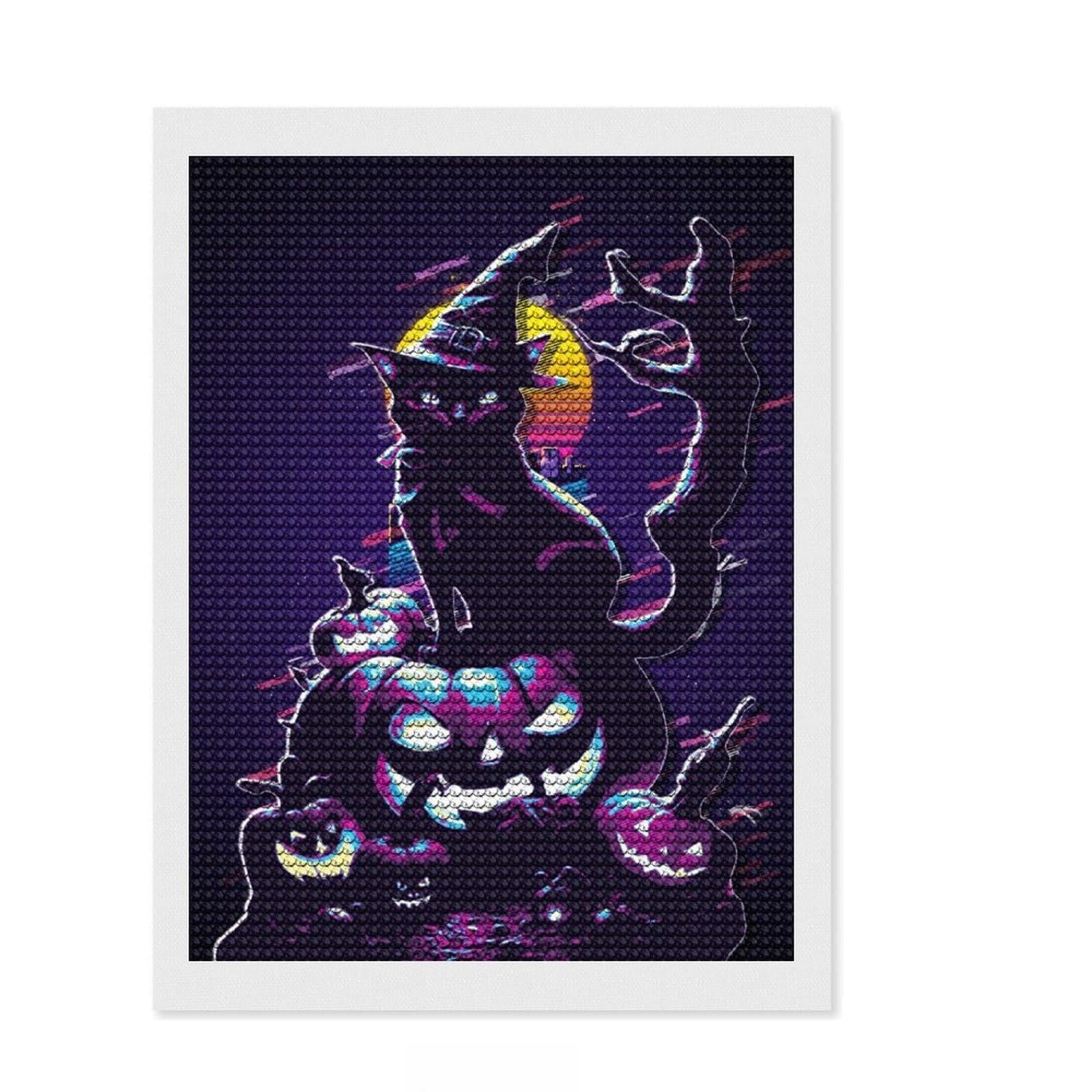 Junmoney Halloween Cat & Pumpkins Full Drill Diamond Painting Kit 12"x16", for Adults, Easy to Follow Symbols, Gift Idea, Aesthetic Room Decor