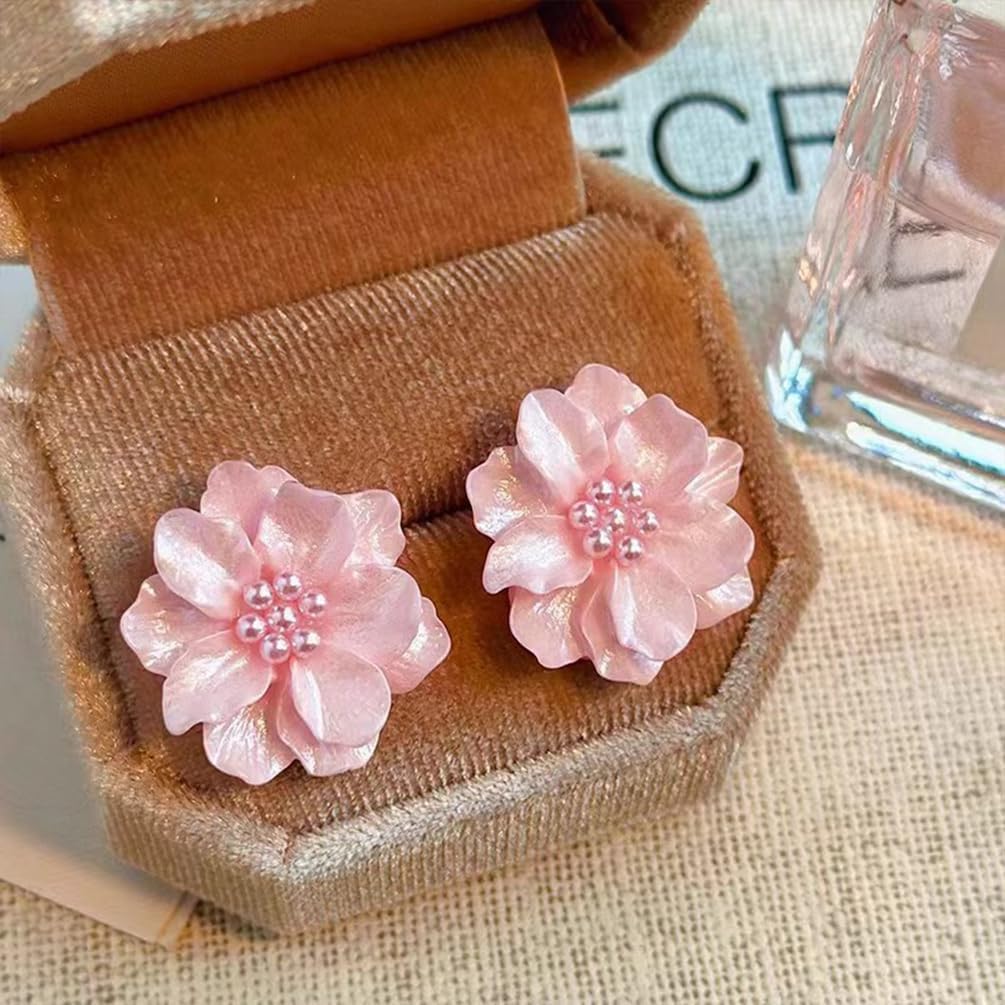 Dainty Cute White Flower Pearl Stud Earrings for Women Statement, Delicate Camellia Shell Floral Pearl Beads Earring Vintage Party Birthday Jewelry Gift - Image 7