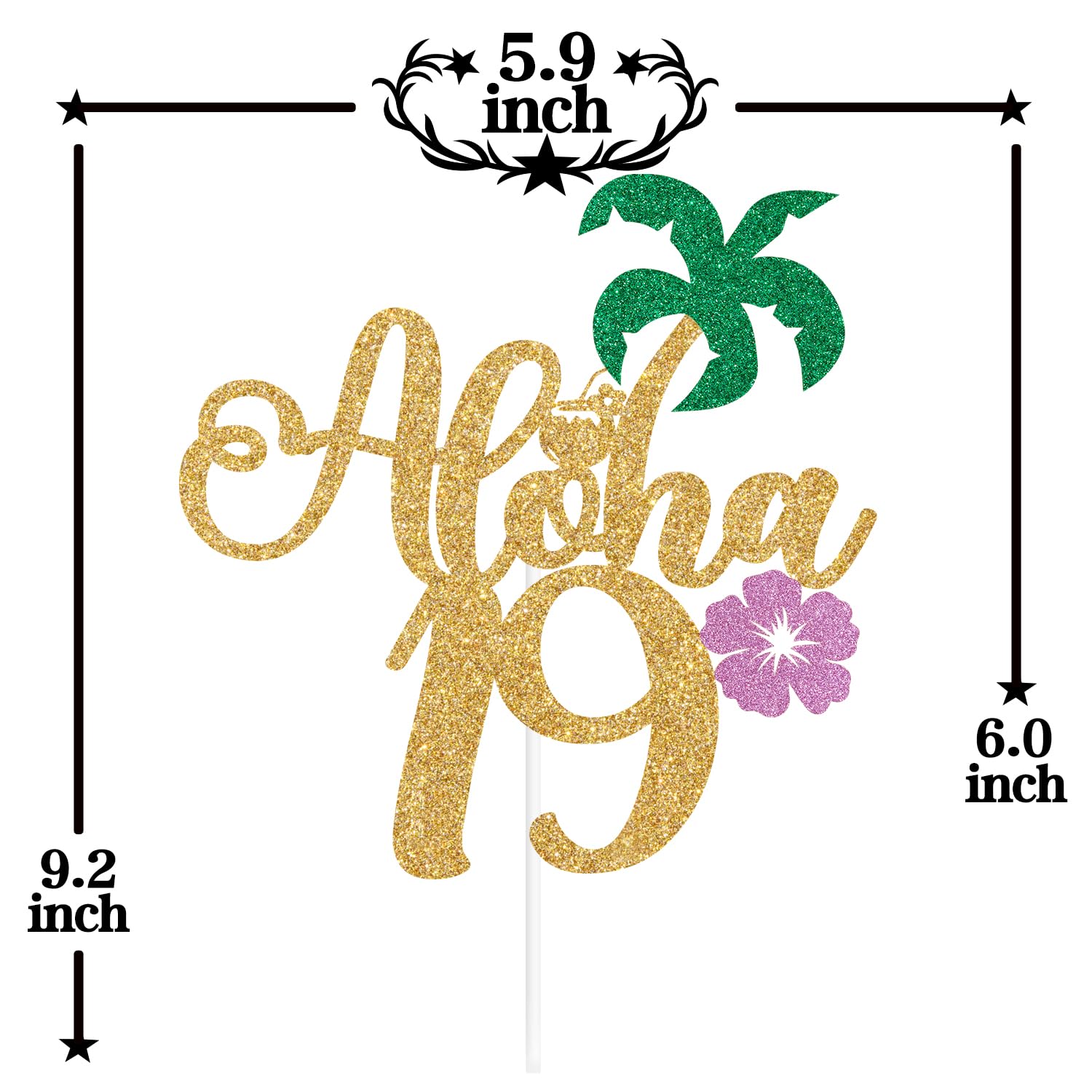 Gold Glitter Aloha 19 Cake Topper, Hello 19/Happy 19th Birthday, Summer Hawaiian Luau Tropical Pineapple Themed 19th Birthday Decorations