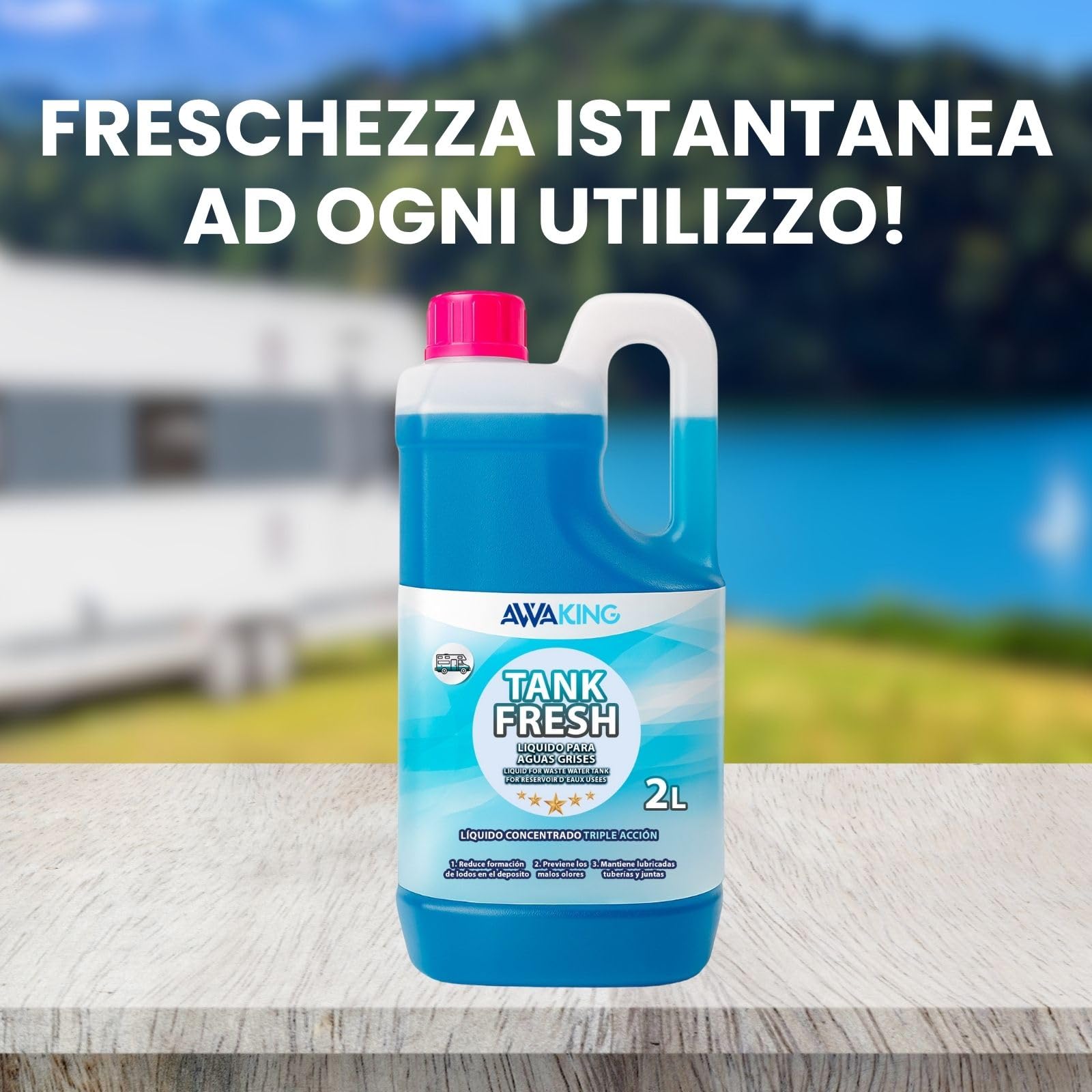 Liquido per camper Tank Fresh 2L AWAKING, liquido additivo acque grigie, scarichi, docce, camper, camper, evitare cattivi odori, biodegradabile, aromatizzante, altamente efficace