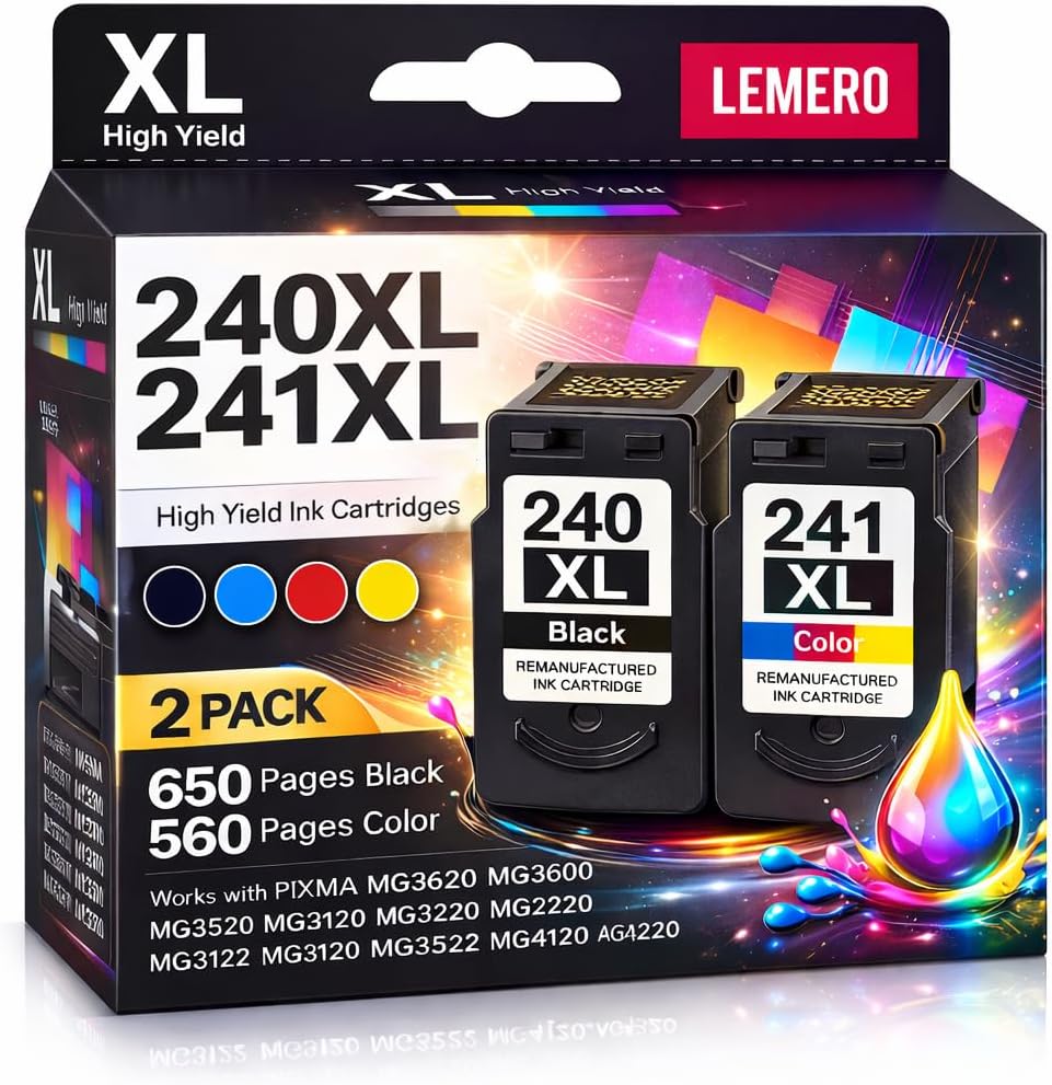 LEMERO PG-240xl CL-241xl Combo Pack Remanufactured Ink Cartridges Replacement for Canon Printer Ink 240 241 for PIXMA MG3600 MG3620 Printer for Canon Ink 240XL Black 241XL Color, 2-Pack