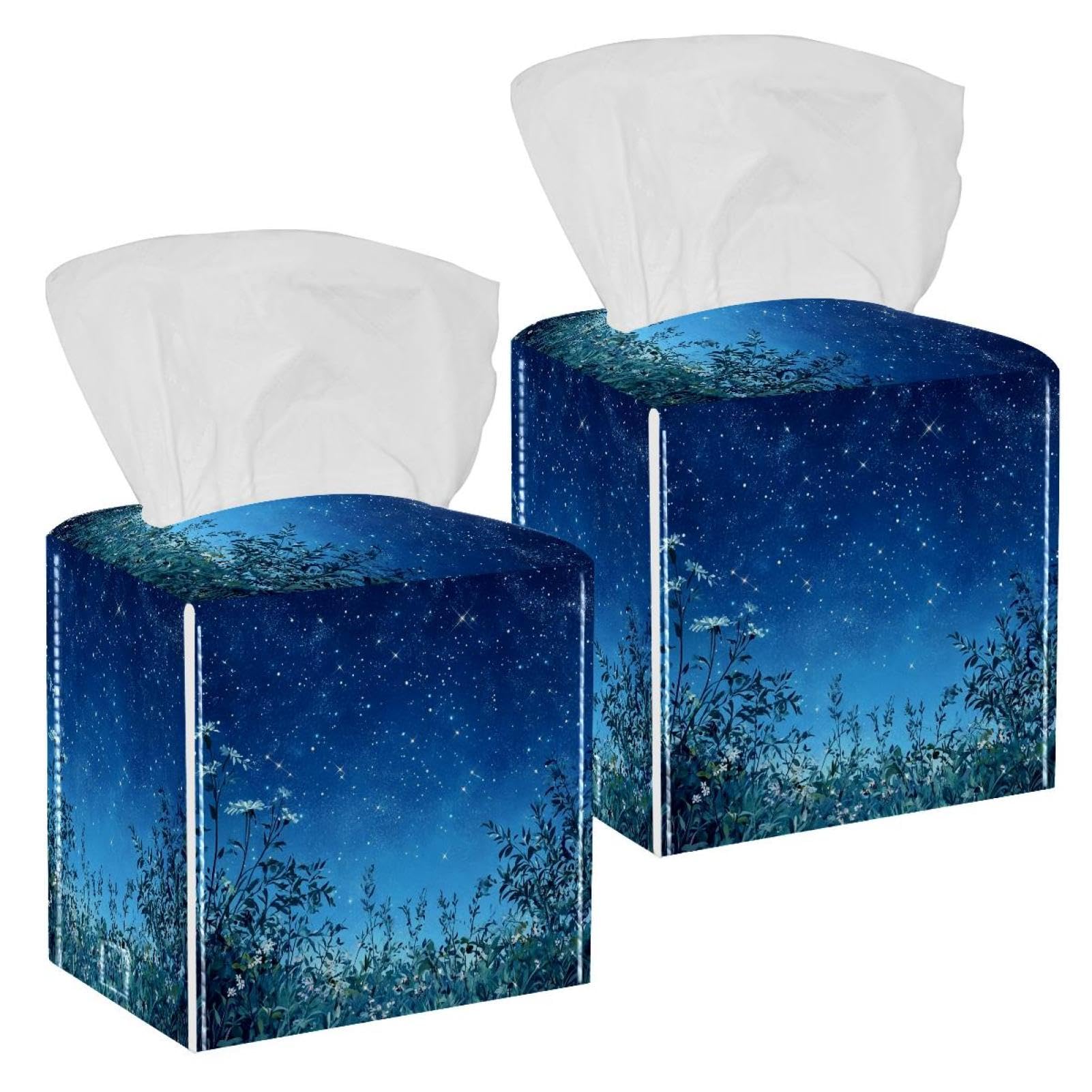 Starry Sky Grassland Tissue Box Cover, 2 Pack PU Leather Square Facial Tissue Dispenser Box holder for Home Office Car