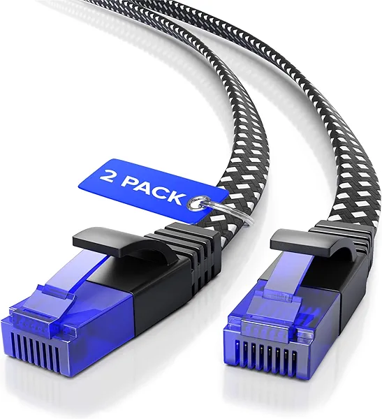 Maximm Cat 6 Ethernet Cable, 12 ft, 2 Pack Easy-Hide Flat Super-Durable Black and White Braided Network LAN Internet Cable/Cord