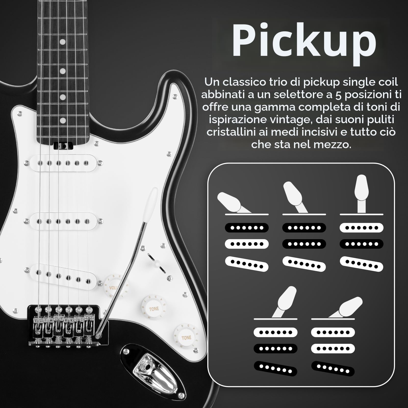 SONICAKE Chitarra Elettrica 39" Full-Size con Pickup Classici SSS, Corpo Leggero, Ponte Tremolo, Tasti Arrotondati e Truss Rod Regolabile QGT-10 (Nero)