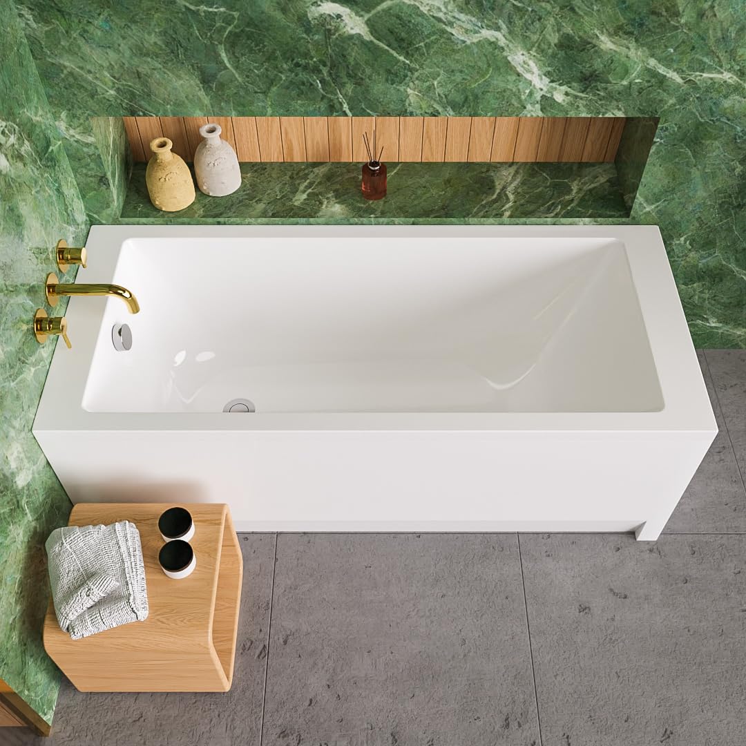 ECOLAM Vasca da bagno TAMI 140 x 70 cm + grembiule, vasca rettangolare in acrilico sanitario, set completo con grembiule acrilico, scarico e troppopieno, set di piedini automatici in silicone