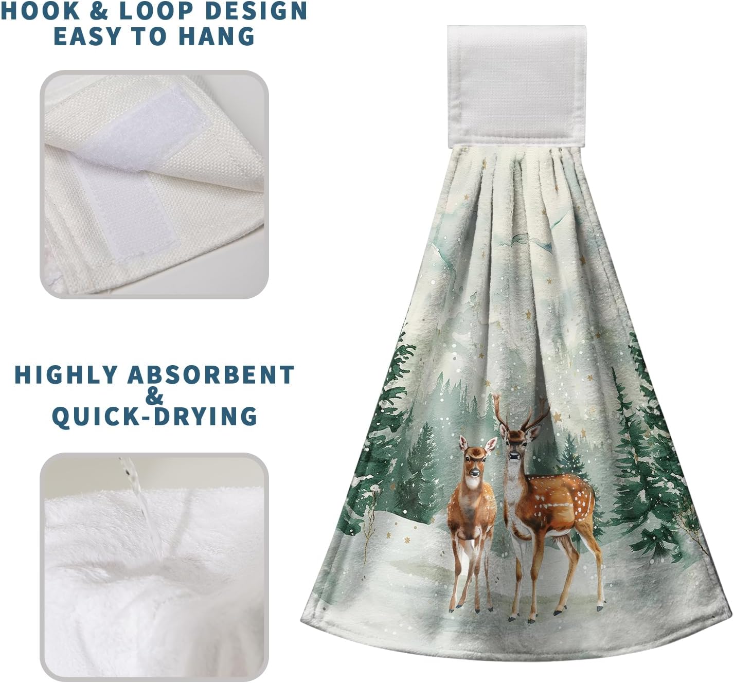 Rustic Farmhouse Winter Hanging Hand Towels with Loop - Pine Trees Xmas Deer Kitchen Dish Towels Absorbent Soft Fast Drying Set of 2 - Image 5