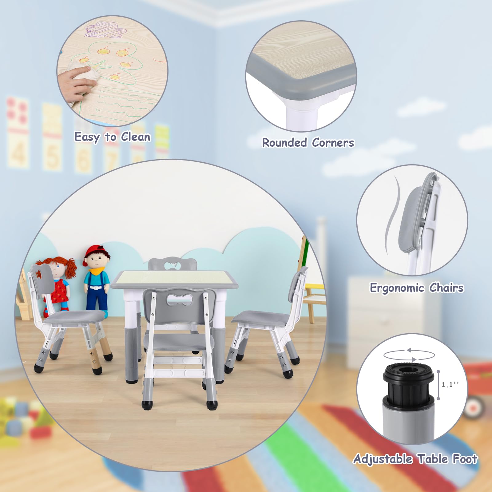 Clevich Kindertisch mit 4 Stühlen, Kinder Tisch Stuhl Set, 60x60x60CM, Plastik Kindermöbel, Höhenverstellbar Kindersitzgruppe für Kinderzimmer Schule Kindertagesstätte（Grau, Quadratischen Tisch）